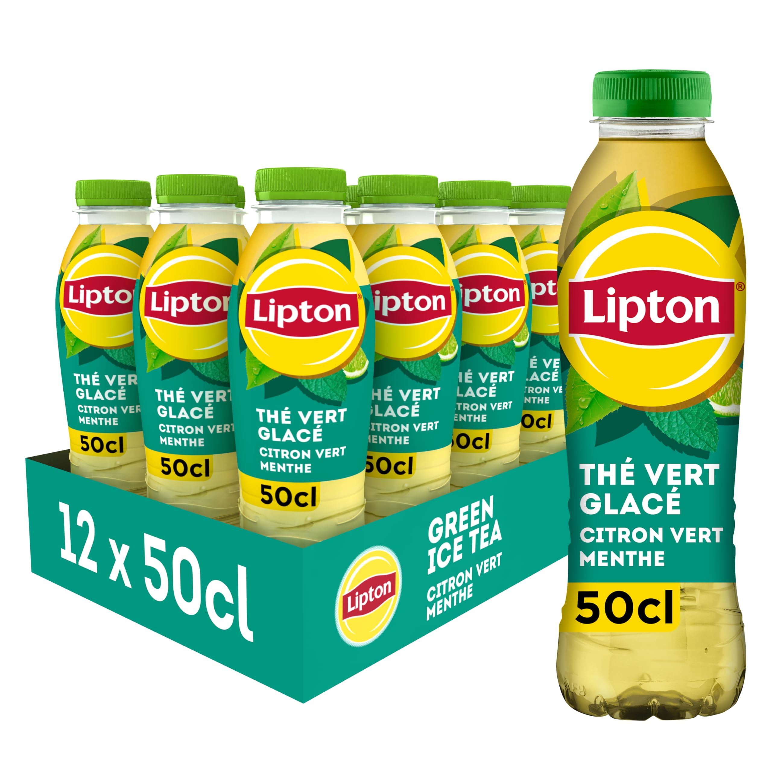 LIPTON Ice Tea Thé Vert Glacé Saveur Citron Vert et Menthe - Lot de 12x50cl