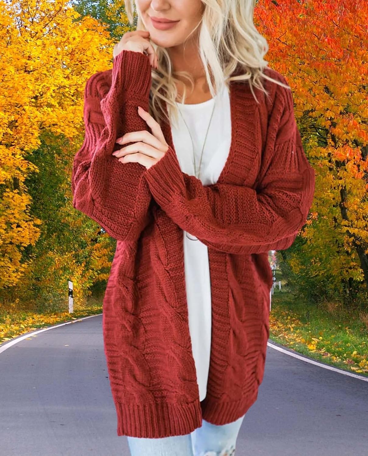 Long Sleeve Cable Knit Womens Cardigan Oversized Long Sweater Loose Casual Solid Color Mid Length Chunky Style - Image 6