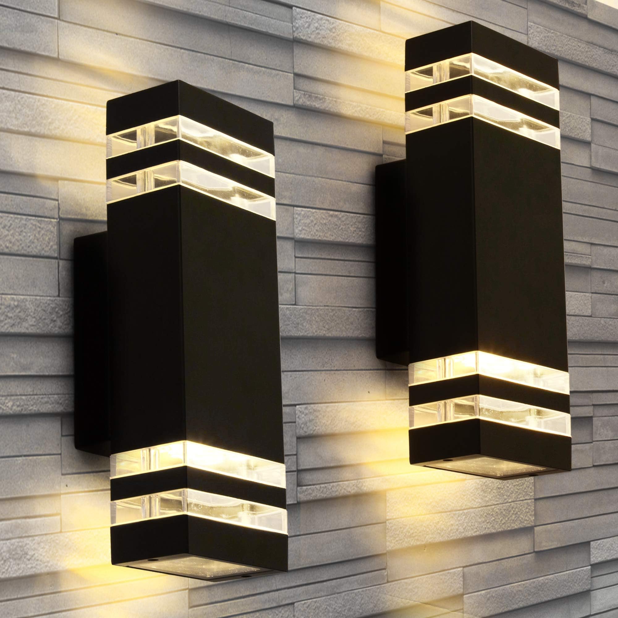 LANFU 12.8inch LED Rectangular Outdoor Light Fixture Wall Sconce Lights 12W Large Modern Exterior Light for House Patio Porch Garage, Black 2700k, IP65 Waterproof Outdoor Up and Down Lights 2PCS