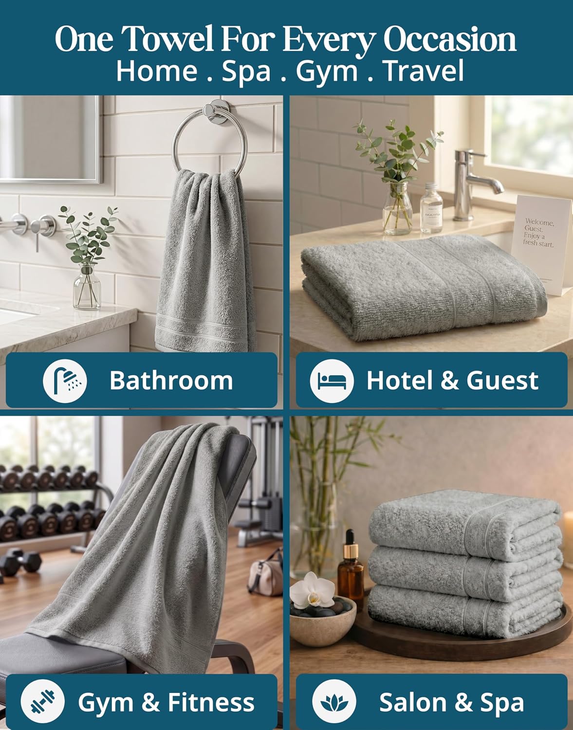 CASA PLATINO Hand Towels for Bathroom - 4 Pack (16"x26"), 100% Cotton Face Towel Set - Soft, Fade & Shrink Resistant - Hotel & Spa Inspired Hand Towels for Bathroom for Modern Family Homes - Cool Grey