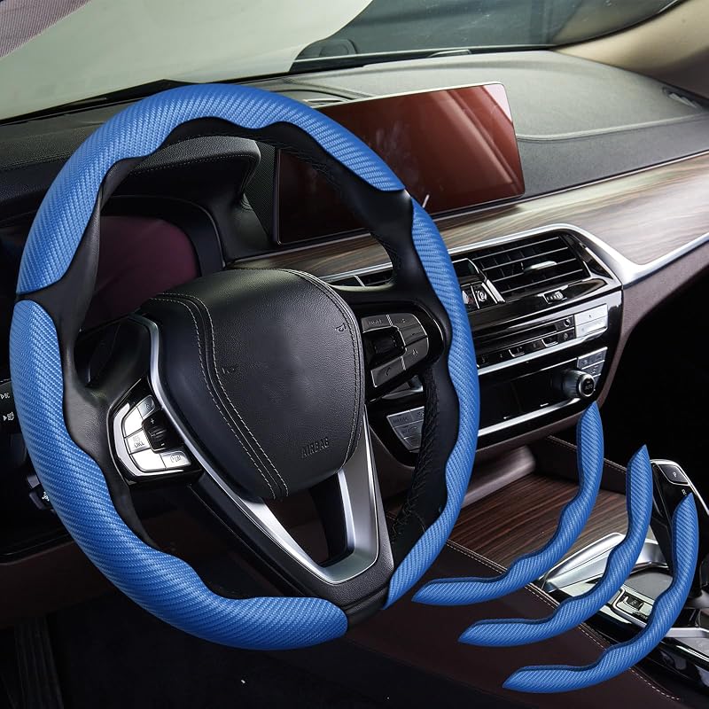 Capa para volante automotivo WOCOCN em fibra de carbono com textura antiderrapante, para carros, kit com 3 peças