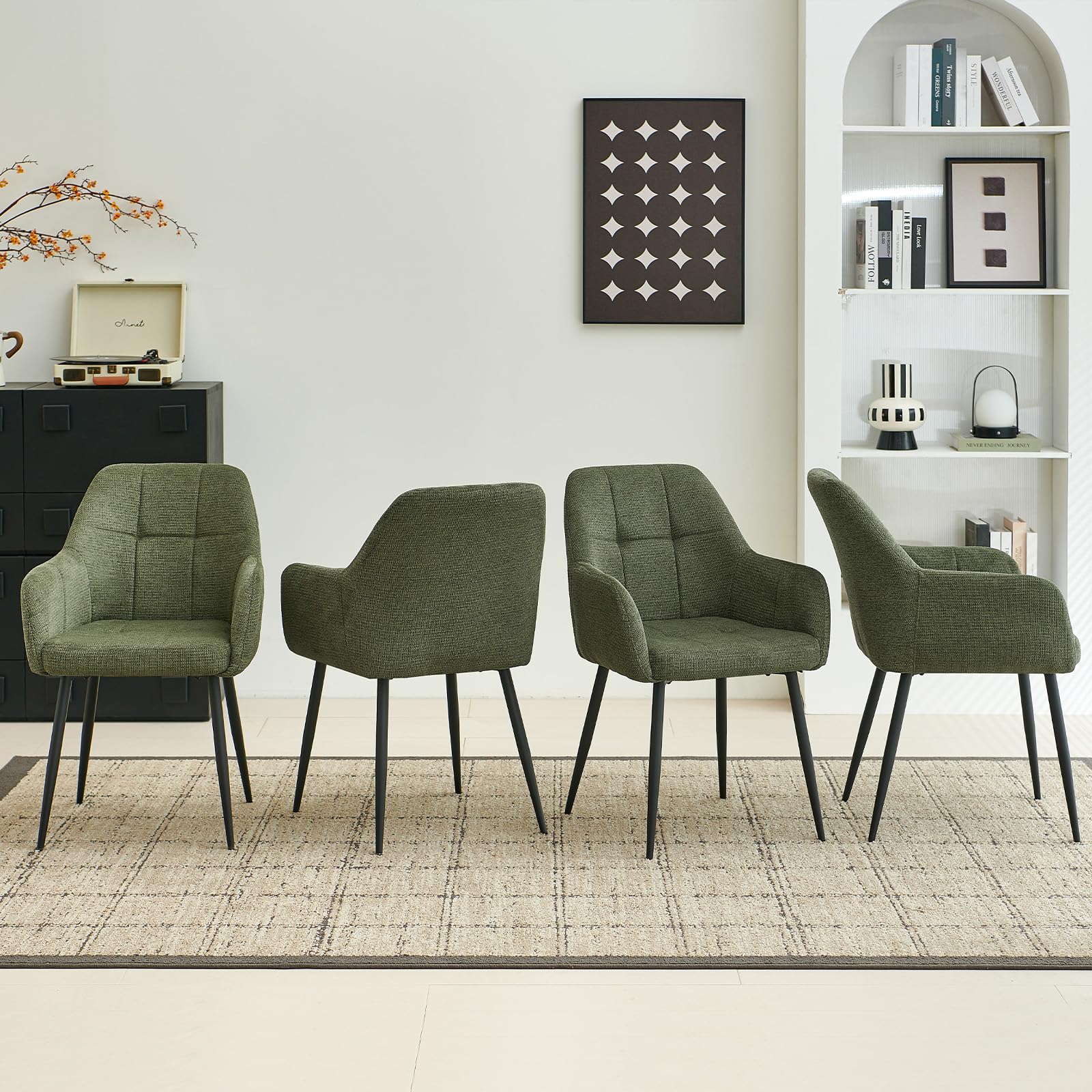 Colorig Modern Green Dining Chairs Set of 4, Ergonomic Armchairs with Cross Metal Legs, Plush Chenille Fabric Upholstered Seat Living Room Chairs for Reception Kitchen Bedroom (4, Green)