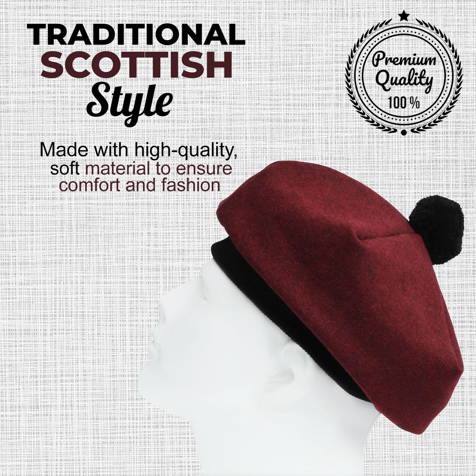 Traditionelle Schottische Tam o' Shatner Tammy-Mütze, 100 % Wolle, flache Motorhaube, Kilt, viele Tartans