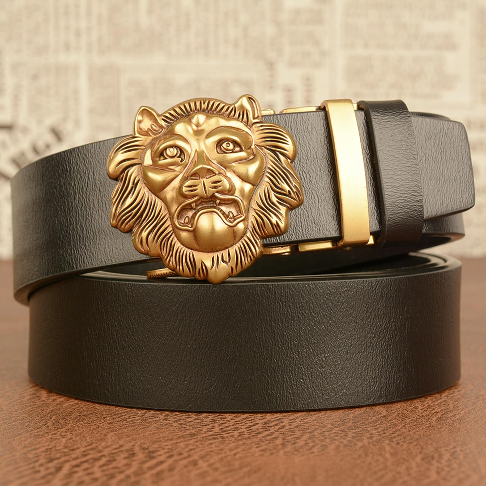 HDNEST Brown Leather Belt with Gold Animal Charms Leather Belt With Solid Brass Belt Buckle Wolftrack, Wolf  main image 4
