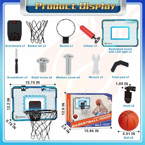 Miniatura 7 de Aro de baloncesto para interiores con luces LED, juguetes de baloncesto, regalos para niños de 5, 6, 7, 8, 9 y 10 años, mini aros de baloncesto para