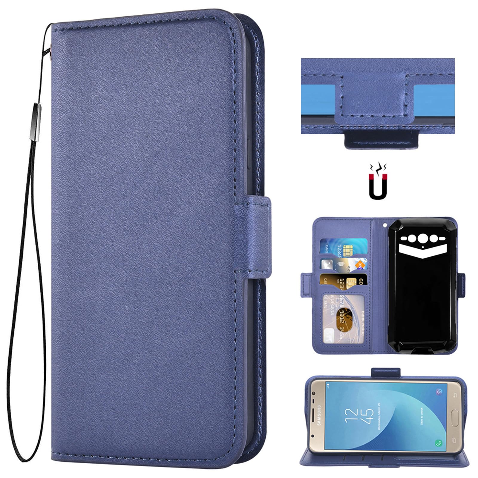 Auotu PU Leather with camera lens protection Wallet Pouch Flip Case Cover With Stand Card Slot Design For Doogee S100 Pro Smartphone (Blue)