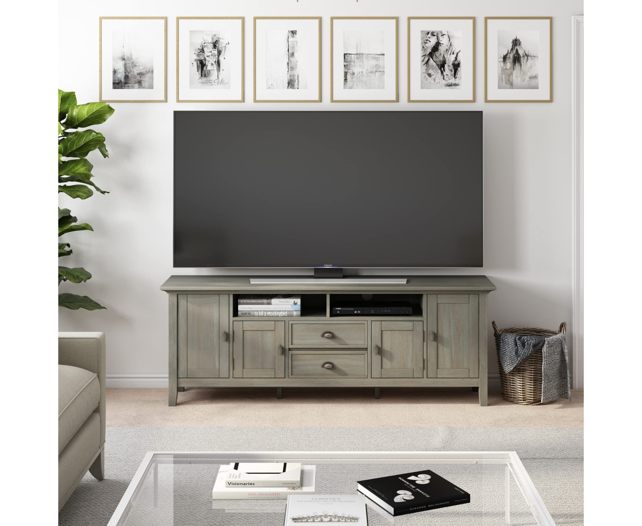 SIMPLIHOME Redmond SOLID WOOD Universal TV Media Stand, 72 inch Wide, Transitional, Living Room Entertainment Center with Storage, for Flat Screen TVs up to 80 inches in Distressed Grey