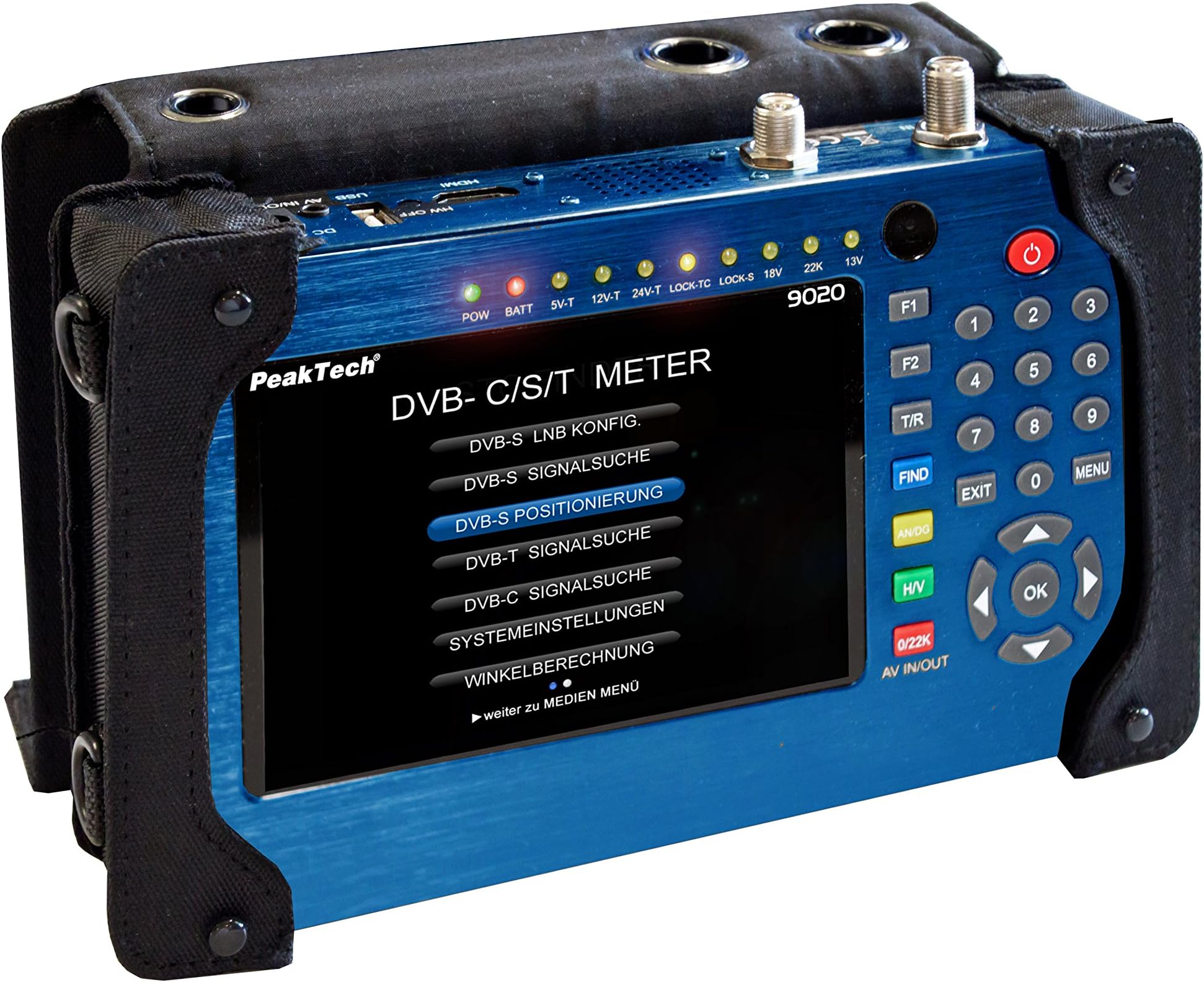PeakTech 9020 - DVB-C/S2/T2 Meter with 5" TFT Color Display and Live Image and Sound, Tv System Test, Satellite Signal Search Device, HDMI & AV-IN/OUT and USB Port, Robust Metal Case - 780g P 9020