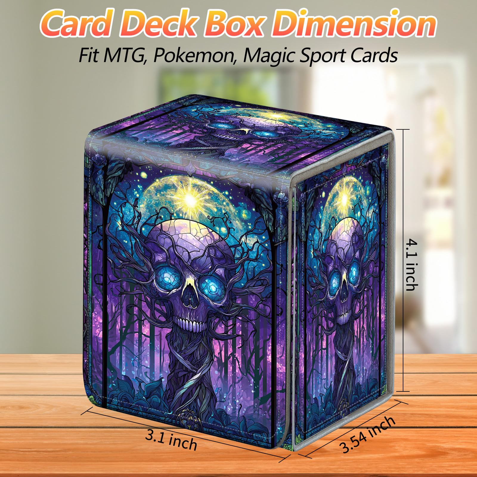 JANENFNA Card Deck Box, Card Storage Box Fits 100+ Single Sleeved Cards, Large Capacity PU Leather Card Storage Box with Strong Magnet for Magic Commander TCG/CCG, (Purple, Skull)