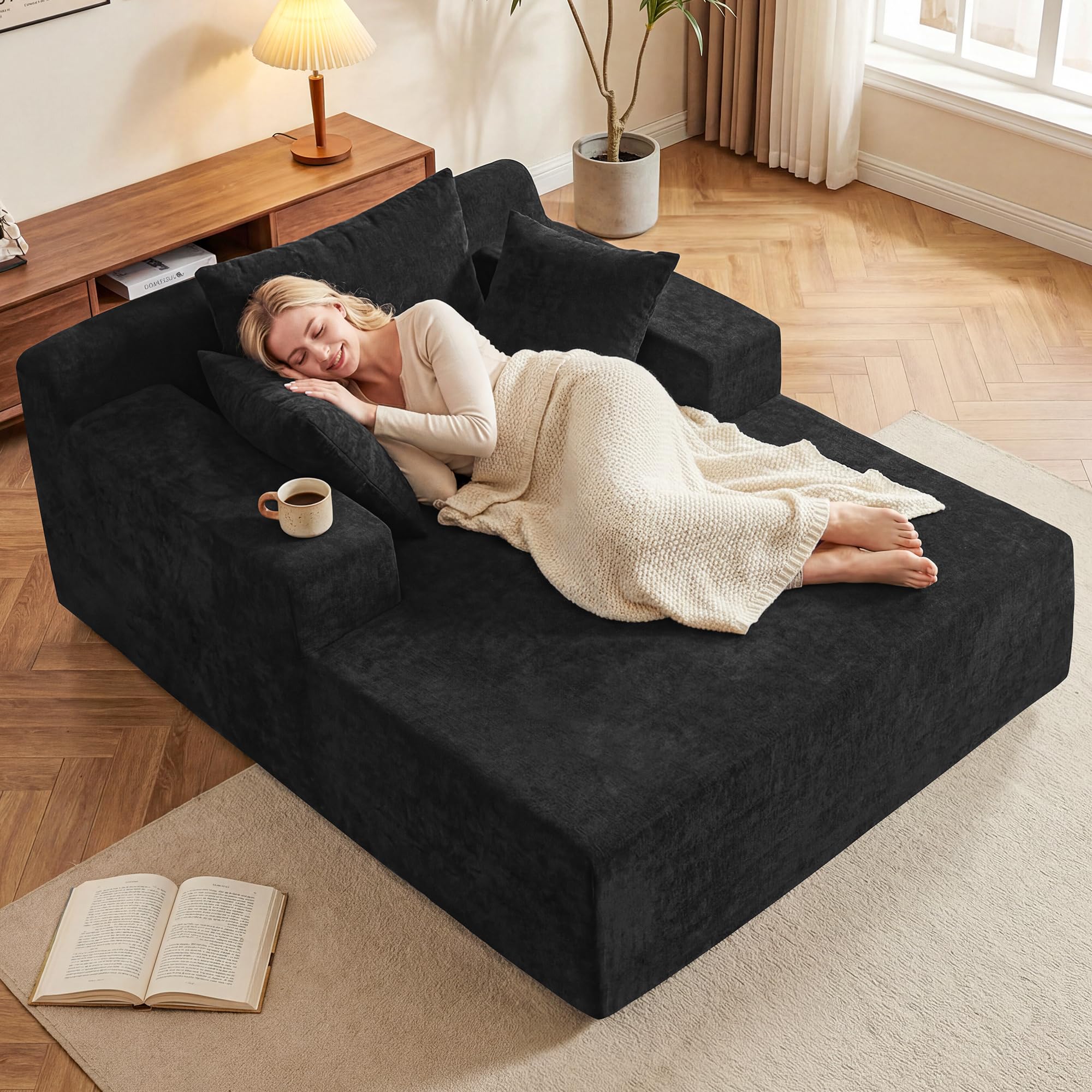 66" Chaise Lounge Chair Indoor, Oversized Boneless Lounge Chair with 3 Pillows, Chenille Cloud Reading Chair for Living Room Bedroom, Deep Seat