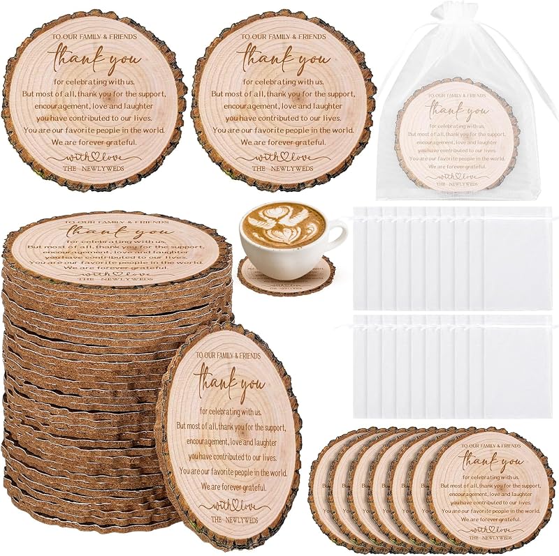 Hushee 200 Pcs Rustic Wedding Favors for Guests Natural Cork Coasters | Natural Bark Edge, Rustic Thank You Message Printed, Bridal Shower Party Gifts, Return Souvenirs Celebrating Love Together