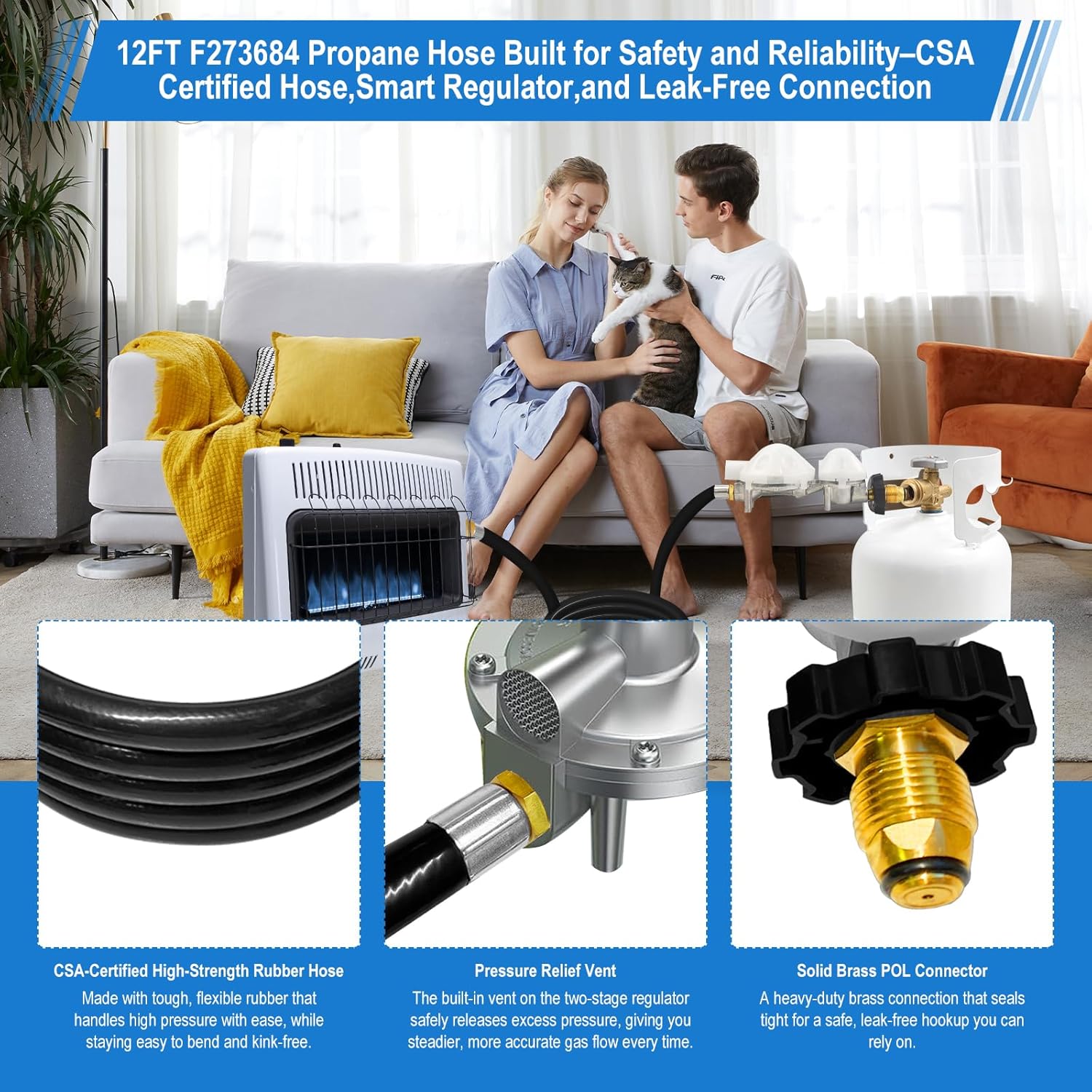 F273684 12FT Propane Hose Assembly with 2-Stage Propane Regulator, POL Fitting, 3/8in Female x 3/8in Male Street Elbow– Leak-Free for Heaters, Grills, RVs, Fire Pits, and Propane Appliances.