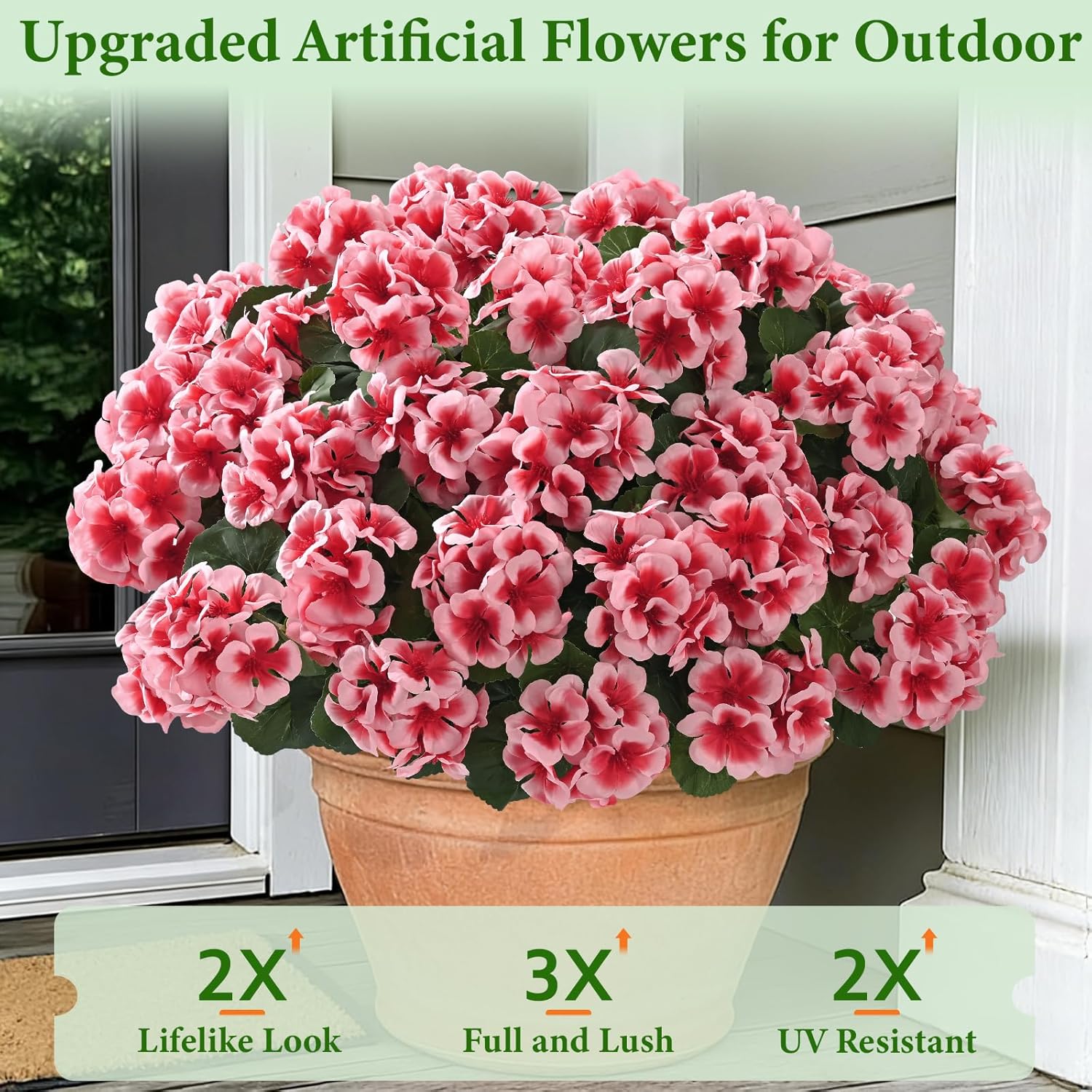8 Bundles Artificial Flowers for Outdoors, Realistic Geraniums Fake Flowers for Decorations, UV Resistant Silk Faux Flowers Plants for Outside Garden Porch Planter Yard Patio Home Decor(Pink) - Image 2