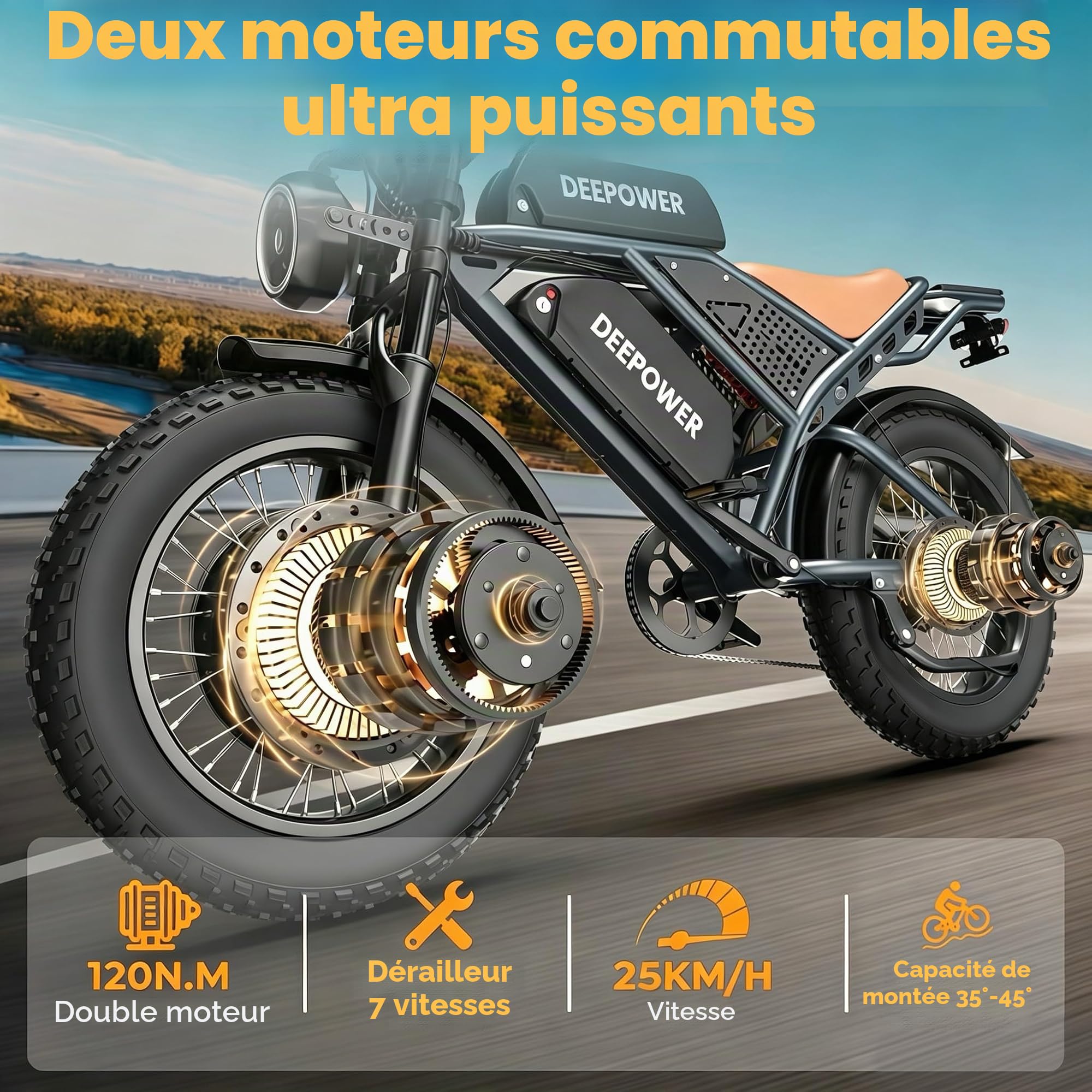 DEEPOWER S8 Vélo Électrique À Double Moteur, Batterie Amovible 48V 60Ah, Autonomie De 120‑250KM, Pneus Larges 20", 7 Vitesses, Suspension Intégrale, Freins Hydrauliques, VTT Électrique