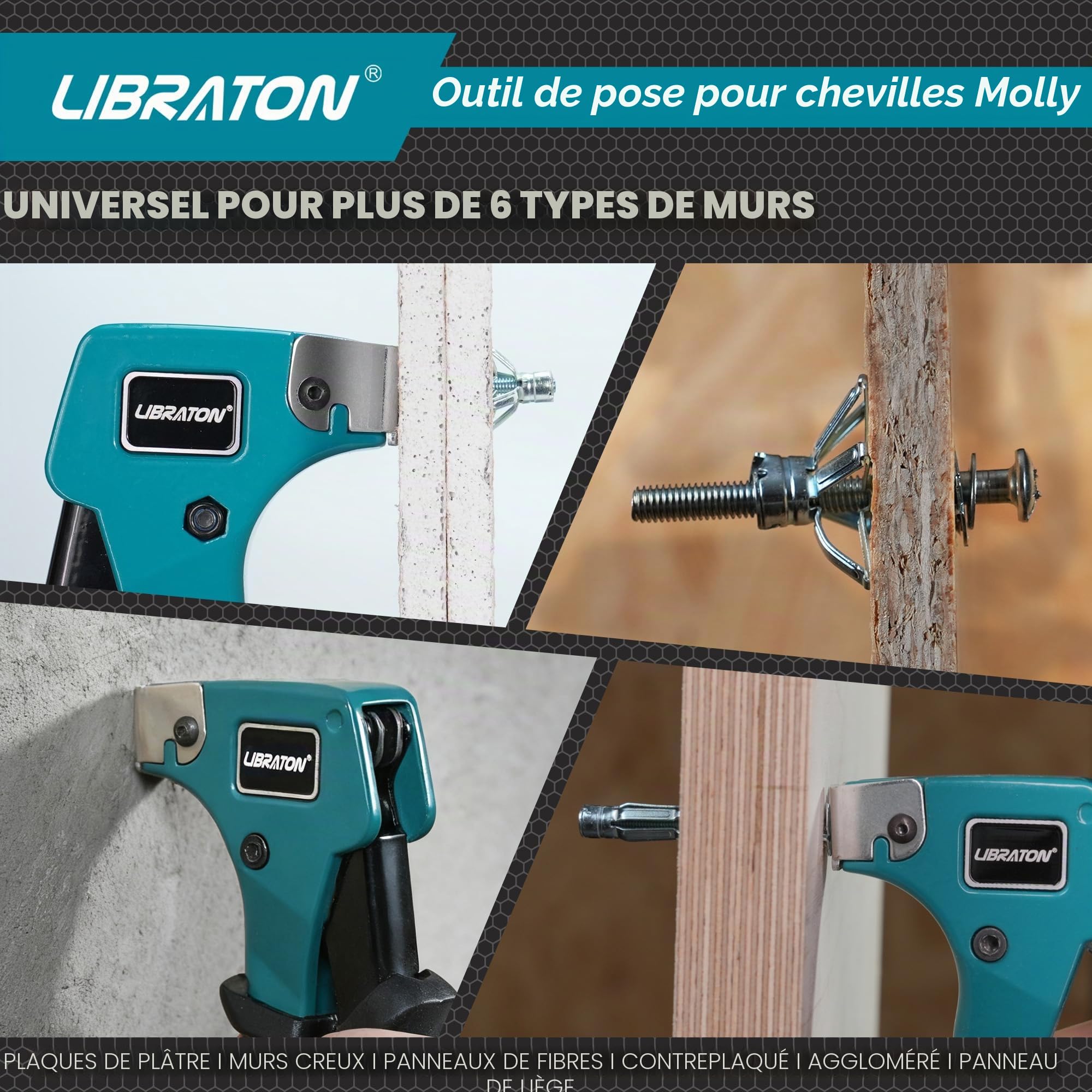 LIBRATON Kit de 30 Chevilles Molly Métalliques avec Pince, 6 Tailles Métalliques pour Placo/Plâtre (3-38mm), Ancrage Creux Charge Lourde 65 lbs, Pour TV, Étagère, Miroir