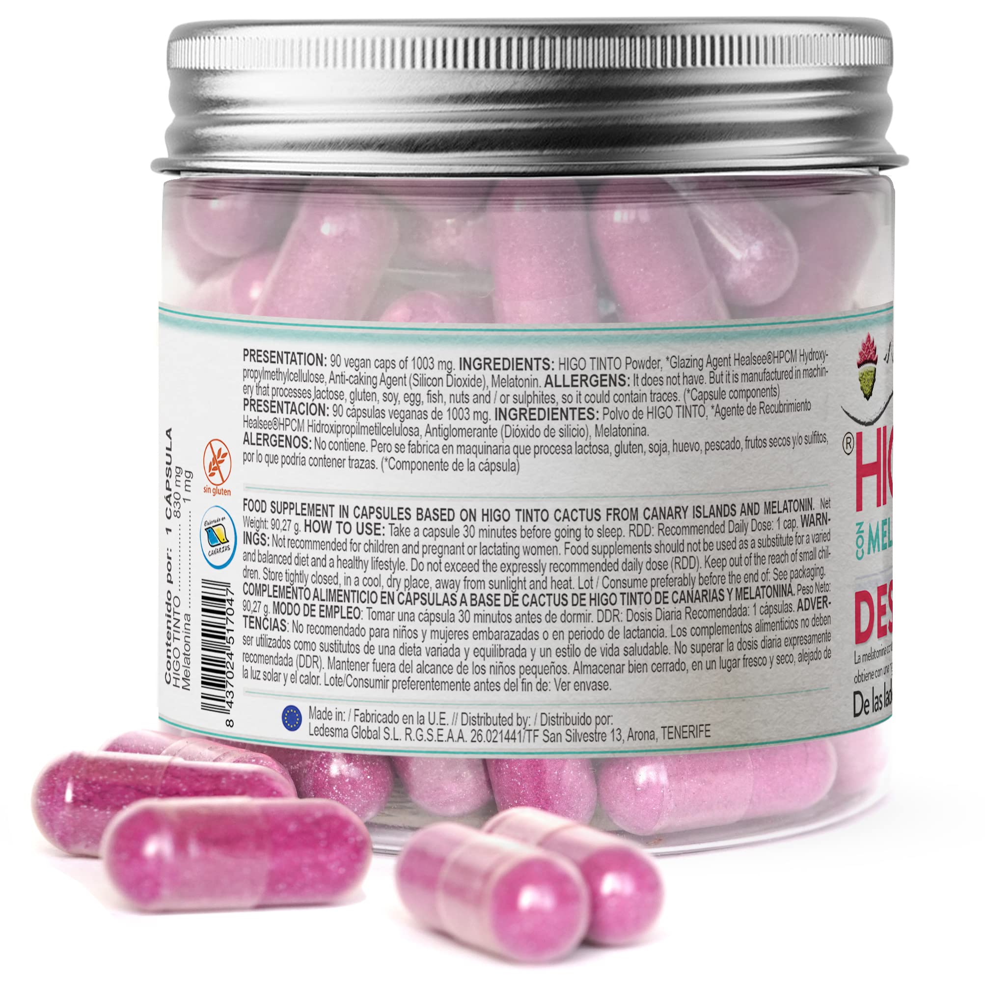 HIGO TINTO de Tuno Canarias con Melatonina (90 Capsulas), Suplemento de Origen Natural, Complemento ECO y Vegano - Ayuda contra el Insomnio, Cansancio - Sin Gluten - Sin Aditivos