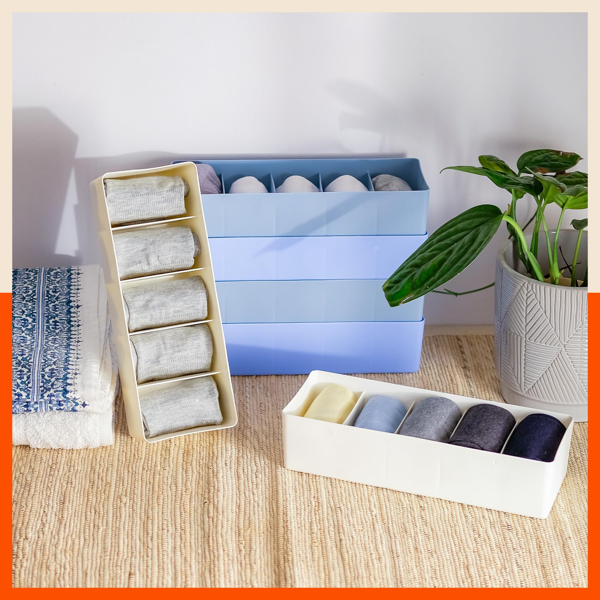 Bathla Drawer Organizers (Set of 4)- 5 Grids Multi-purpose Closet Storage Dividers | Stackable Wardrobe Organizers for Socks, Innerwear, Ties, Jewellery & Stationary | Plastic Storage Box | Multicolor