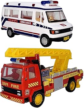 Toyify Pack of 2 Set City Fire Service Truck & Ambulance with Pull Back & Go Toy Cars for Kids | Showpiece |Small Size Toys|Return Gifts [2 Combo Offer]
