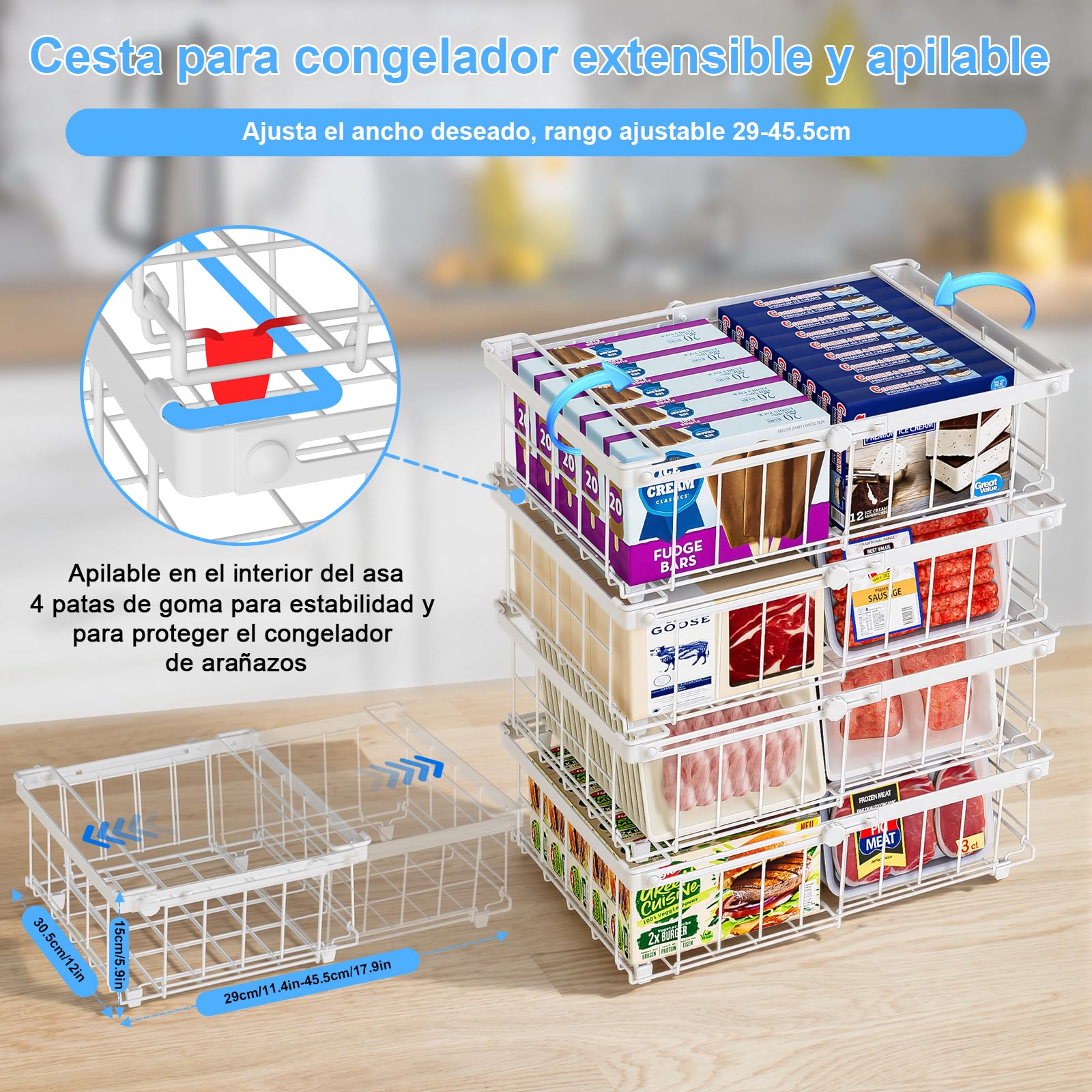 4 Piezas Organizador Congelador Cestas Apilables Para Congelador con Asa,Metal Organizador Arcon Congelador Apilable Extensible,(29-45.5x30.5x15cm) Blanco