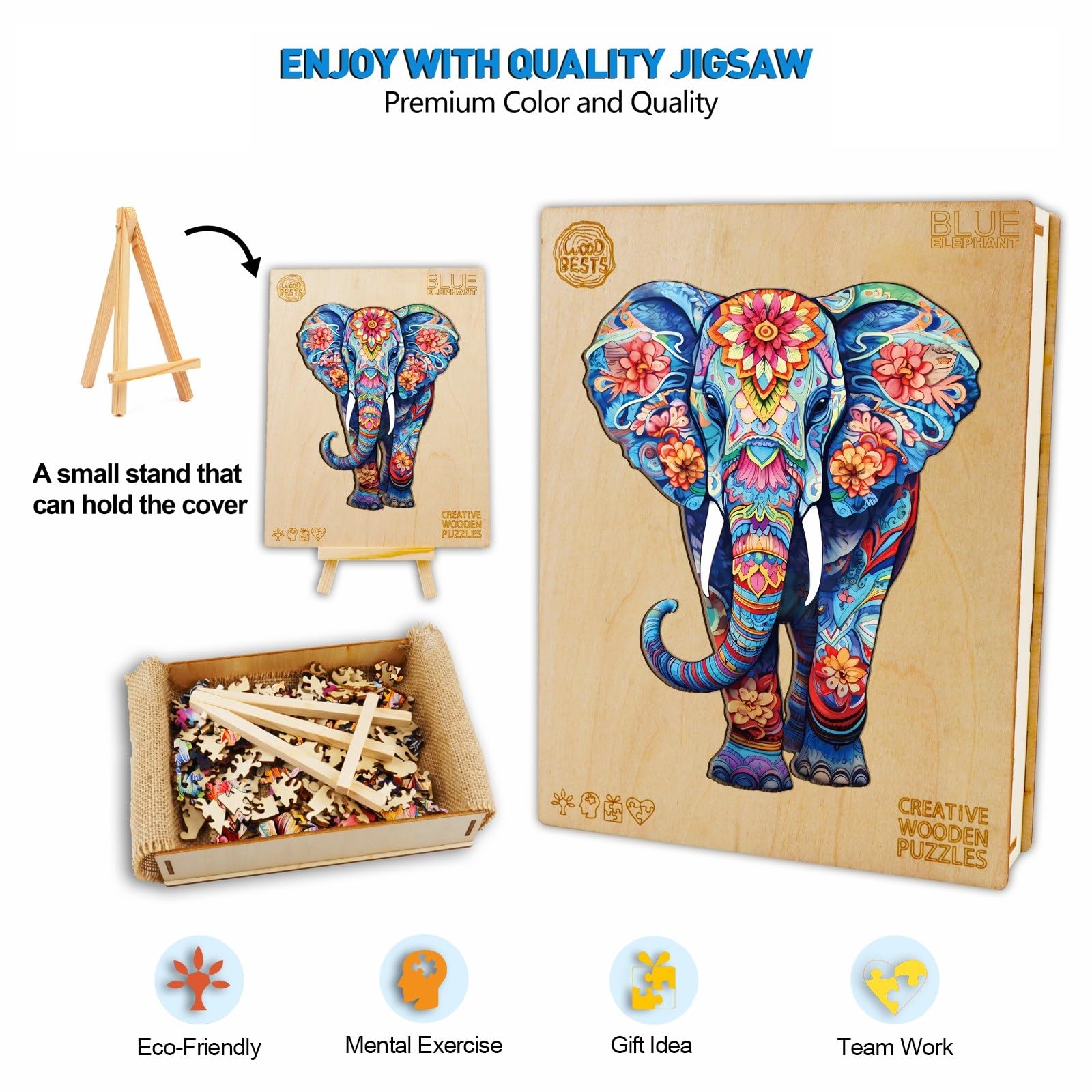 Puzzle in Legno per Adulti - 210 Pezzi, Elefante, 27,3 x 34 cm - Irregolare e Unico, a Forma di Animale - Con Confezione Regalo