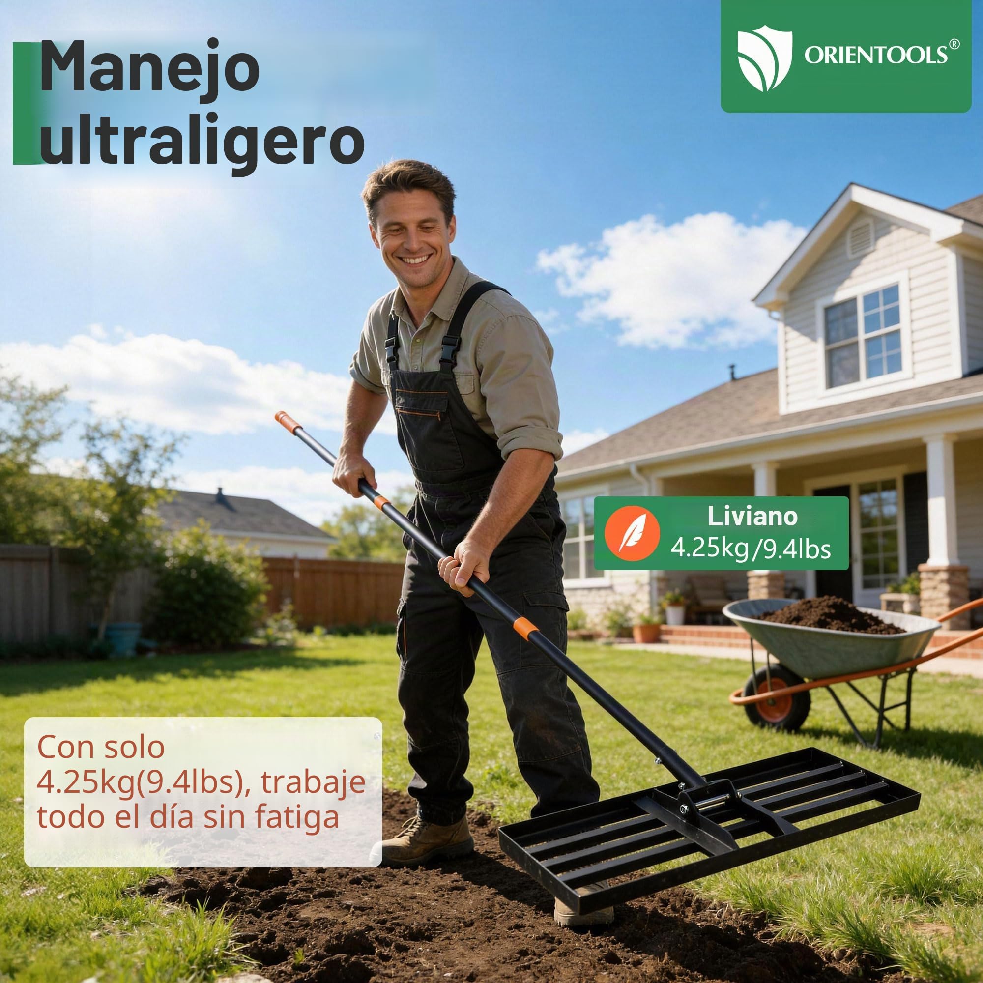 ORIENTOOLS Rastrillo nivelador de césped, 44 cm de ancho x 206 cm de alto, negro, 4,9 kg