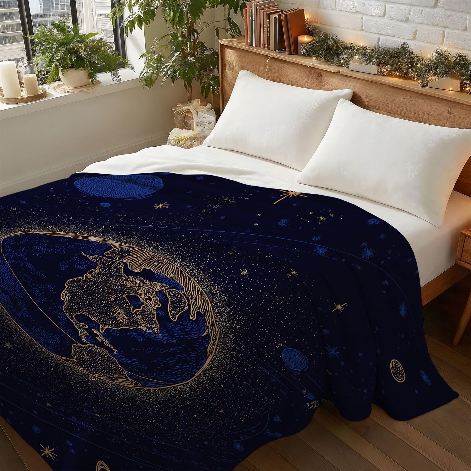 Miękki koc polarowy – 150 x 150 cm, przytulny, flanelowy, pluszowy, puszysty, narzuta na sofę, łóżko, kanapę lub krzesło, niebieski złoty, fantastyczny, tajemnicza przestrzeń, ziemia, prezent dla