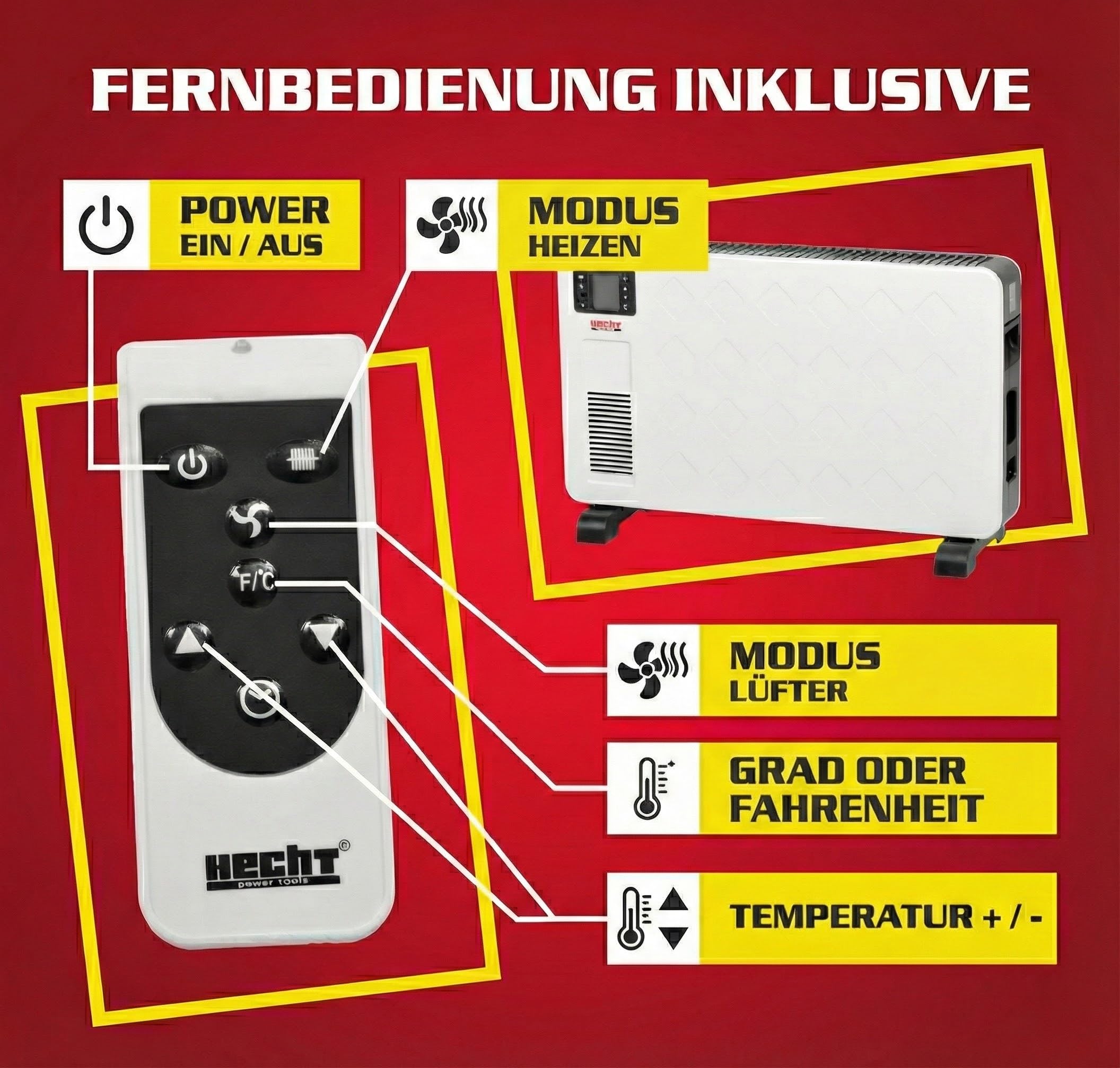 HECHT Elektroheizung – Heizgerät mit 3 Leistungsstufen | Elektro-Heizung mit Fernbedienung und Thermostat – Heizgerät für Räume mit 3 Leistungsstufen