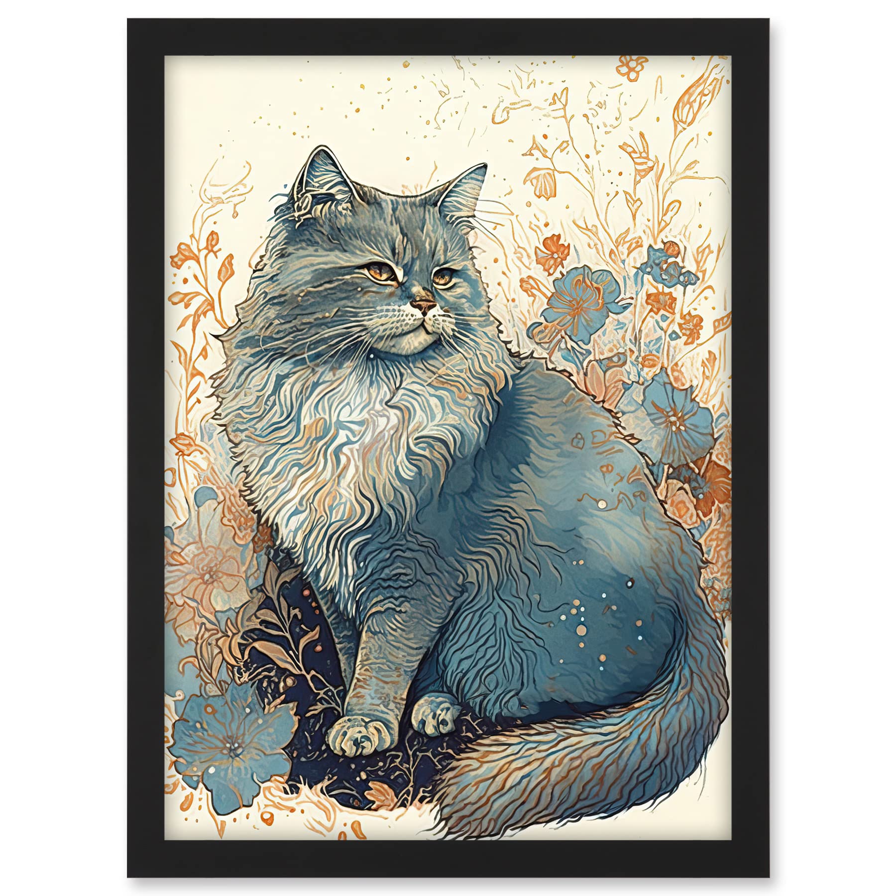 Artery8 Fluffy Cat in Wildflowers Teal and Orange Watercolour Illustration Artwork Framed A3 Wall Art Print