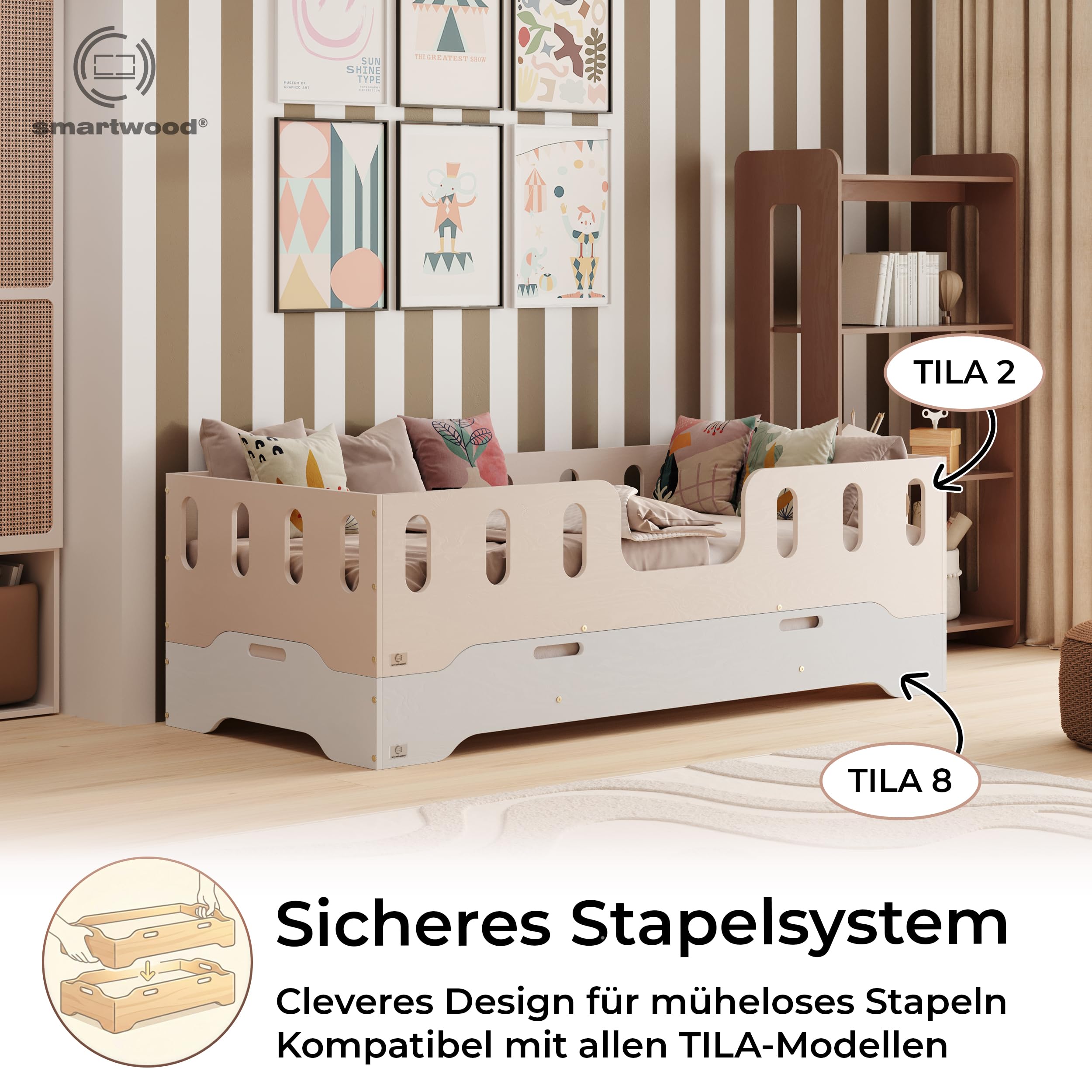 smartwood Stapelbett 90x200 cm mit Lattenrost, aus Holz, Weiß, TILA 8