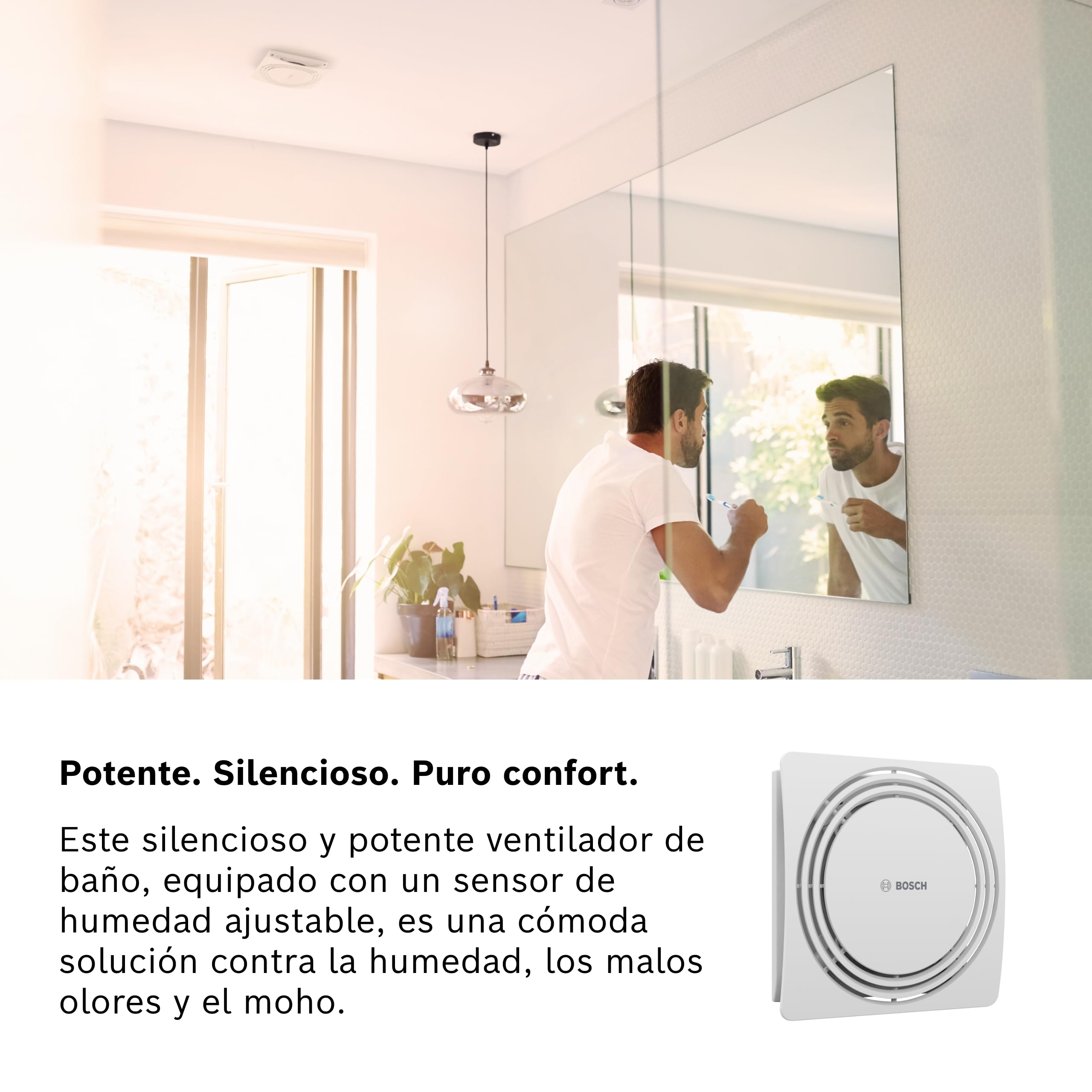 Bosch Extractor de baño silencioso 1900 DH 100mm - Para la ventilación del baño y WC, contra la humedad y el moho – Con sensor de humedad y temporizador – Diámetro 100 mm