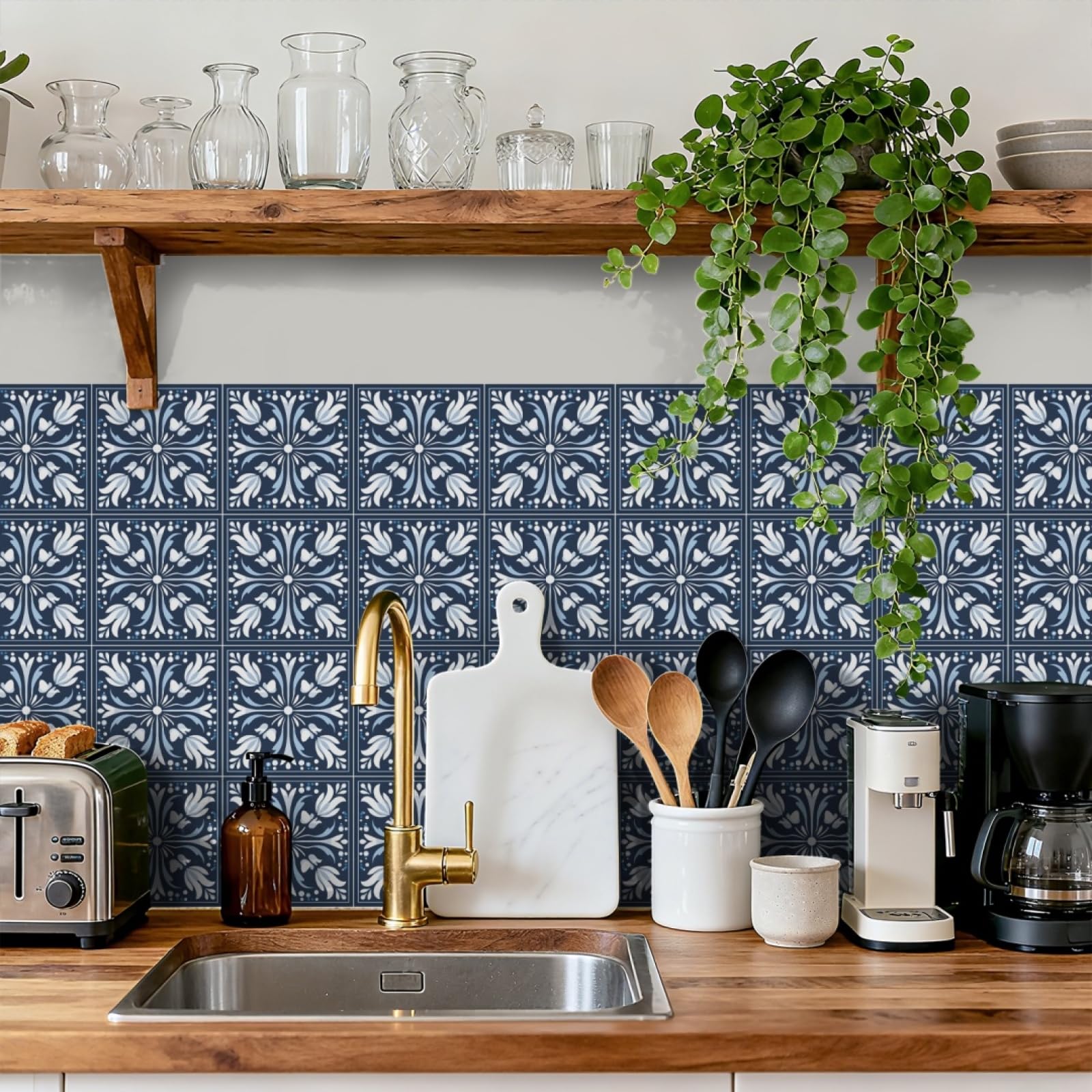 LMYSXAOZ Stick on TilesBlue Print Self Adhesive Transfer Sticker for Bathroom Kitchen, Peel and Wall Tiles PVC Decoration 10 PC(10X10cm)