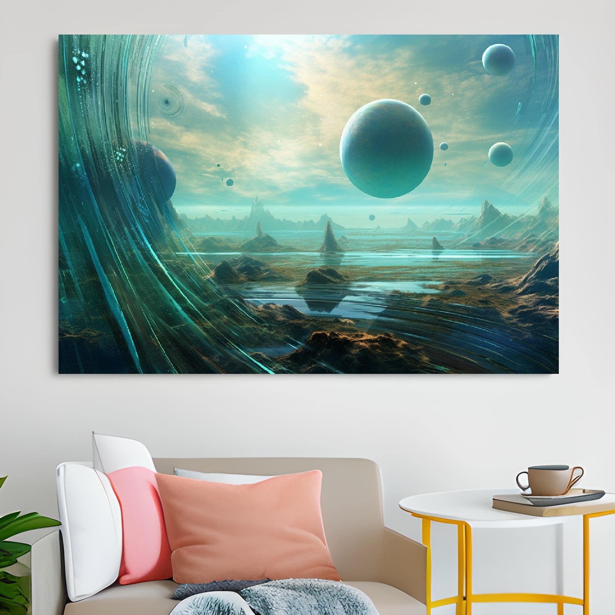 Amazon｜FICLUX 現代装飾画 | 緑の惑星のタッチ - け写真 ソファの背景