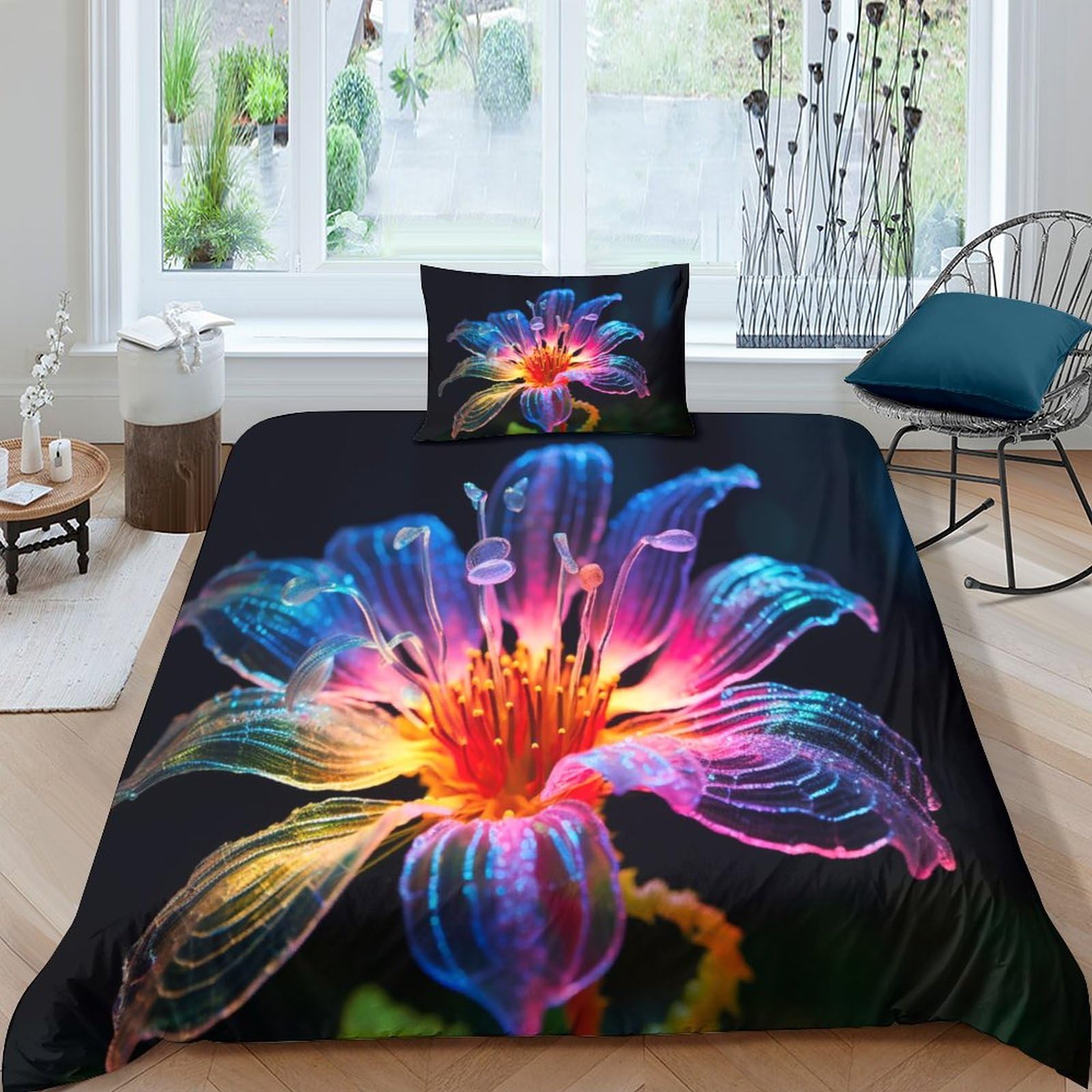 Housse de couette fleur 135x200cm parure de lit colorée 3 pièces IOFEER