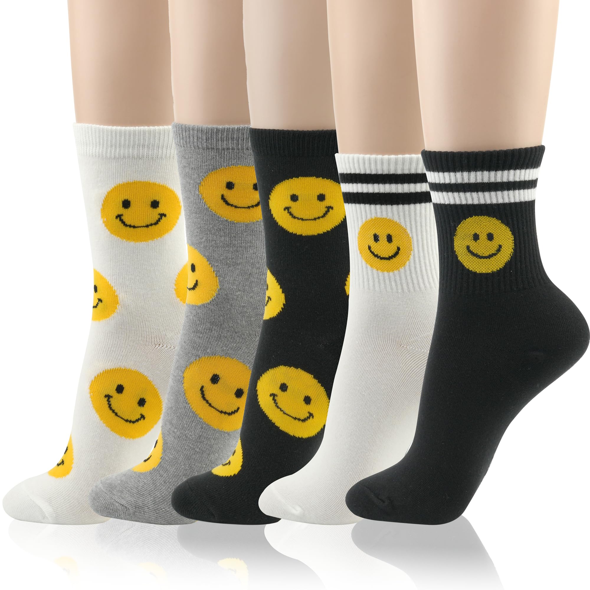 Kikiya Women's Cotton Crew Socks - Cute Smiley Face Funny Bow Fruit Graphic Crazy Animal - Ladies Girls Casual Socks Size 6-8