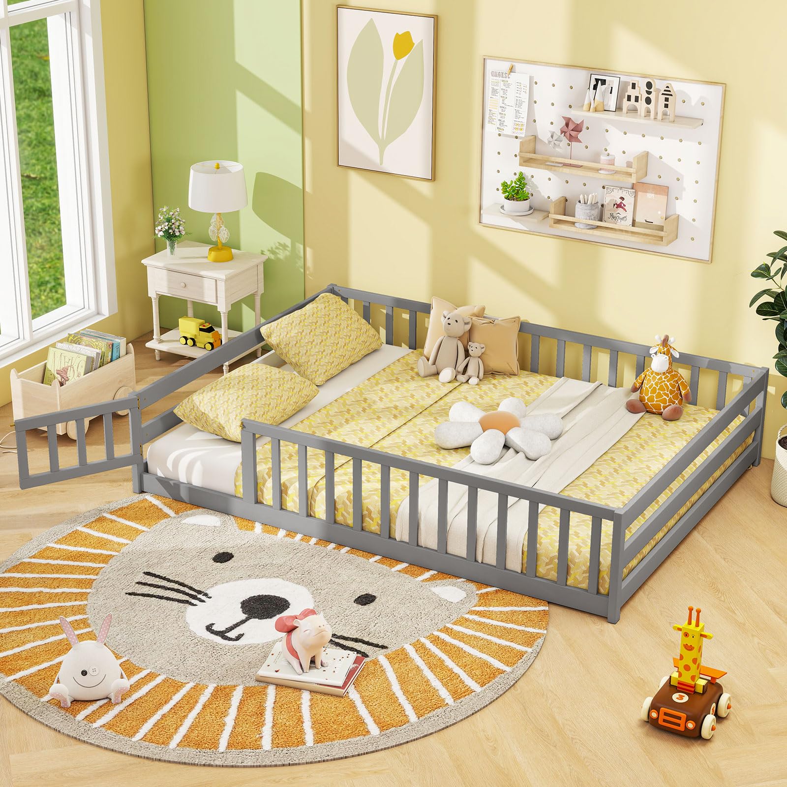 Giantex Full Floor Bed with Door & Fence