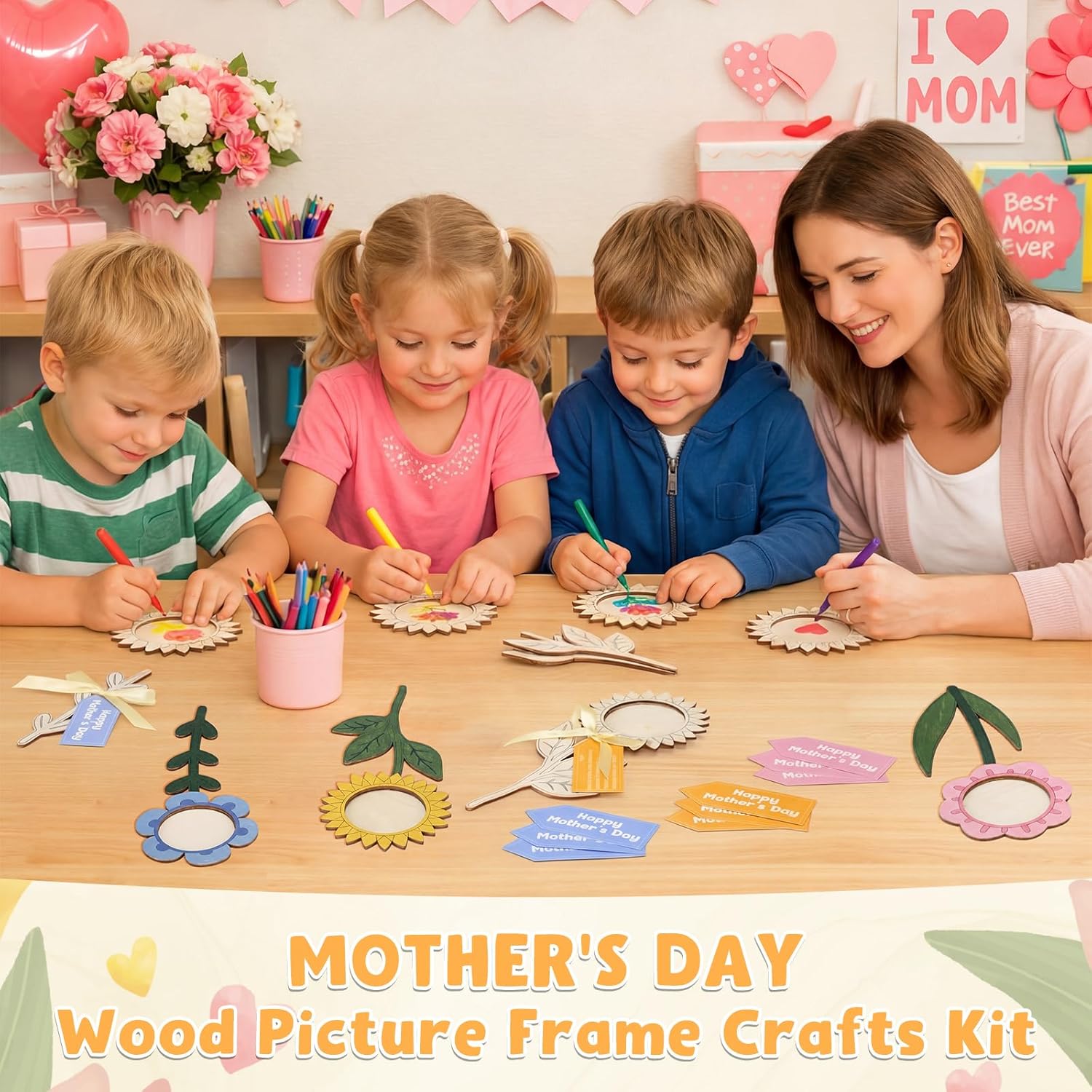 Lineshading 24 Sets Mother's Day Craft Gift DIY Wood Flower Shape Picture Frame DIY Coloring Flower Picture Frame with Card Ribbon Handmade Gifts from Daughter Son for Mom Classroom Arts Activities