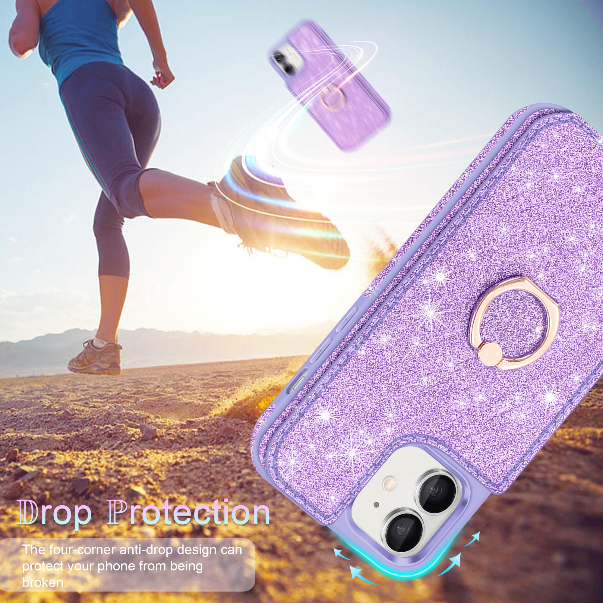 Casewind for iPhone 11 Case Wallet,with [Screen Protector + Camera Lens Protector] Sparkle 5 Card Holder 360°Rotation Ring Kickstand Women Girls Shockproof Phone Case for iPhone 11,6.1 inch,Purple