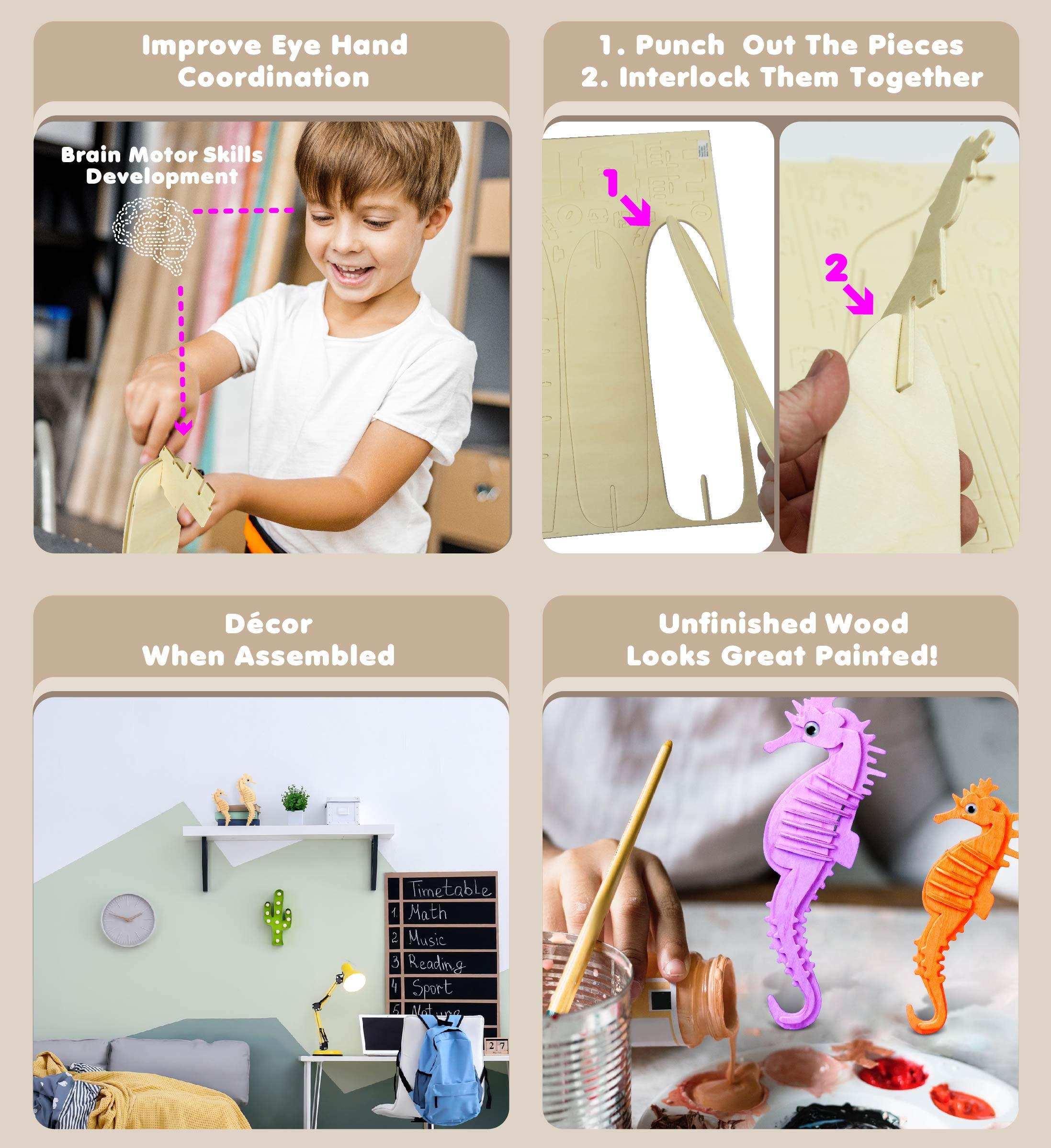 Puzzled 3D Puzzle Sea Horse - Wood Craft Construction Model Kit - Unique Educational DIY Wooden Toy Assemble Model Unfinished Crafting Hobby Sea Life Puzzle Build & Paint for Decoration - 21 Pc Pack - Image 3