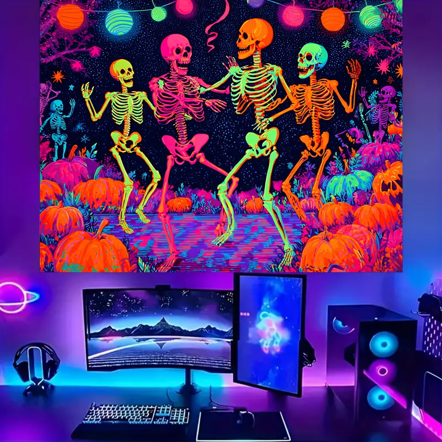 BSFHH Black Light Tapestry – UV Reactive Glow in the Dark Wall Hanging, Spooky Night Scene with Ghosts & Pumpkins, Haunting Home Decor for Parties, Bedroom, or Dorm (Skull 4, 90L x 70W, Unframed)