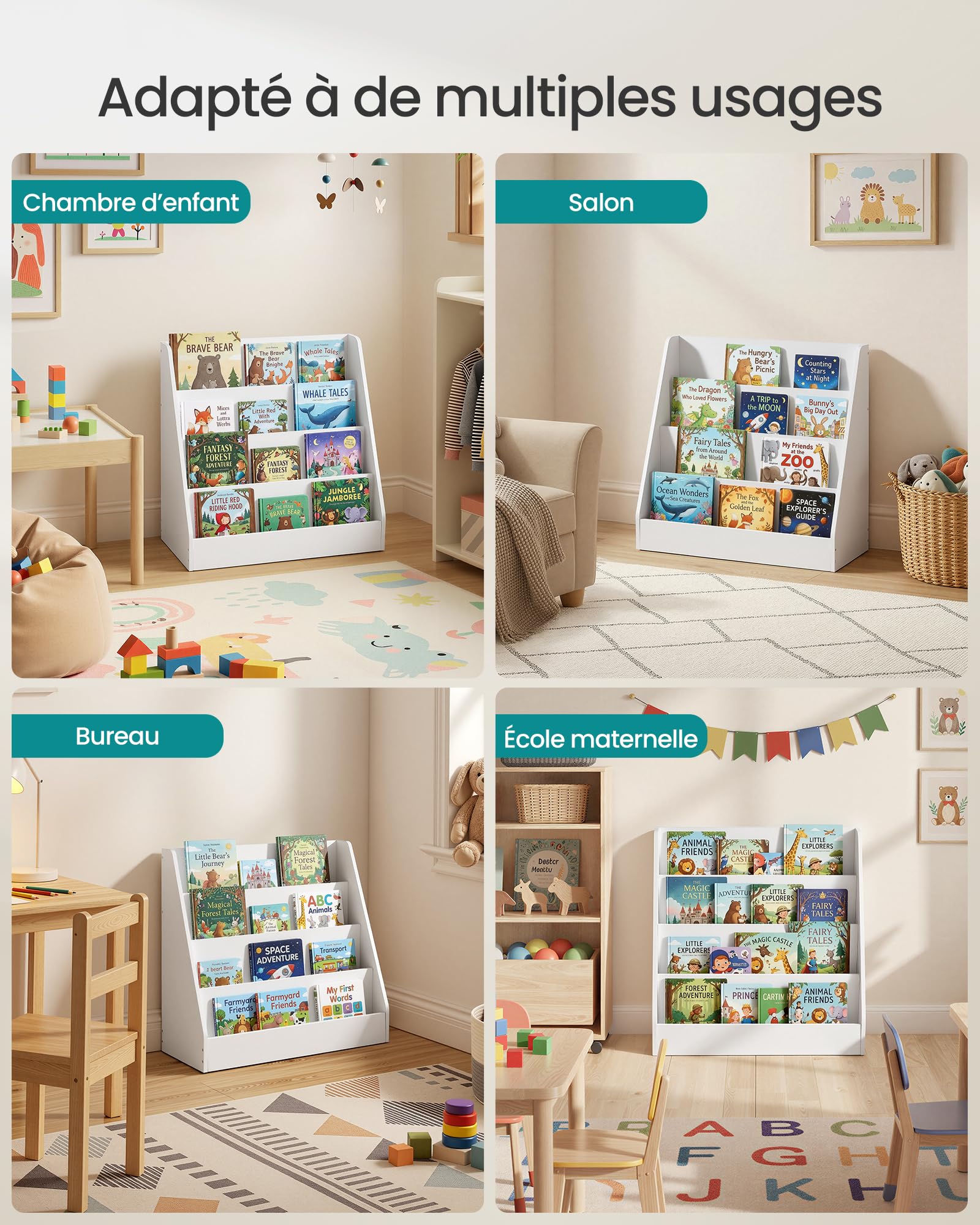 SONGMICS Étagère à Livres pour Enfants, Bibliothèque Montessori à 4 Niveaux, Présentoir Albums Illustrés, pour Chambre d’Enfant, Espace Lecture, 30 x 60 x 60 cm, Blanc Nuage GKR074WZ01
