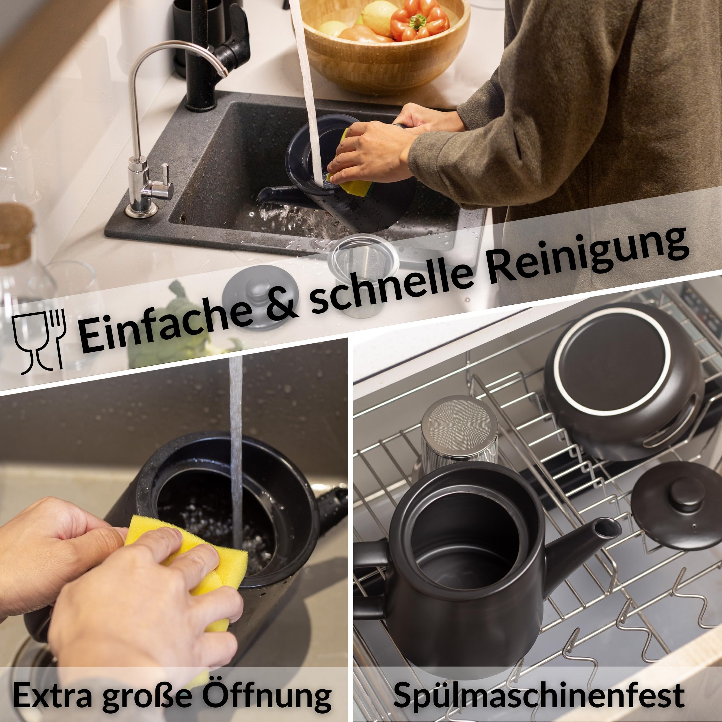 DEKAZIA® Keramik Teekanne mit Siebeinsatz und Stövchen Set - Großer Teapot für losen Tee, 1,2L Porzellan Kanne mit Edelstahl Filter und Teelicht Wärmer Schwarz Steingut
