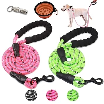 2 Packs 5 FT Strong Dog Leash with Comfortable Padded Handle and Highly Reflective Threads Dog Leashes for Small Medium Dogs with Slow Feeder Dog Bowl (Pink+Green)