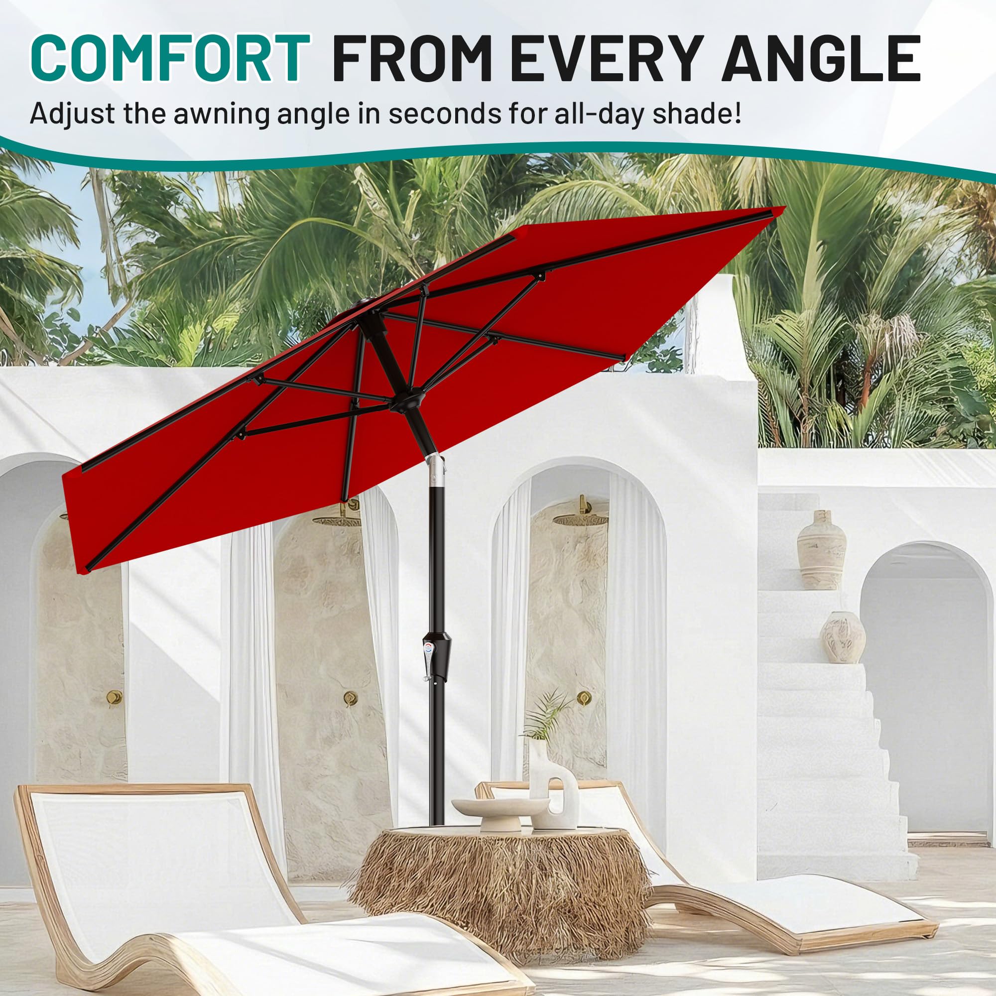AreShark 10 FT Patio Umbrella for Outdoor, Outdoor Table Umbrella with Push Button Tilt and Crank, Outdoor Patio Umbrellas with 6 Sturdy Ribs, Patio Umbrellas for Market, Garden, Pool (Red) — view 5