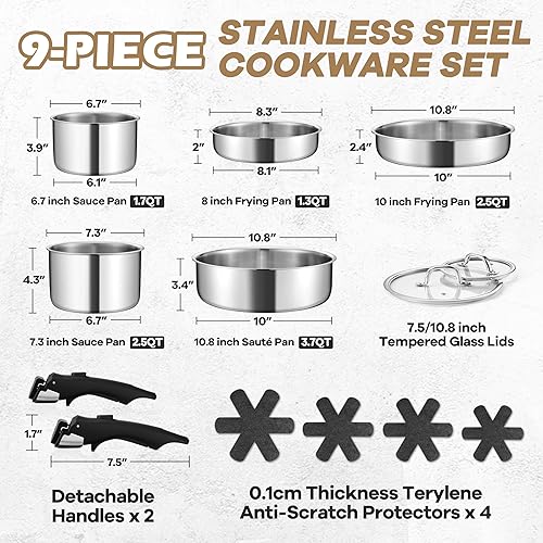 Miniatura 2 de E-far Juego de 9 utensilios de cocina de acero inoxidable, juego de ollas y sartenes de 3 capas con mango y tapa desmontables, utensilios de cocina