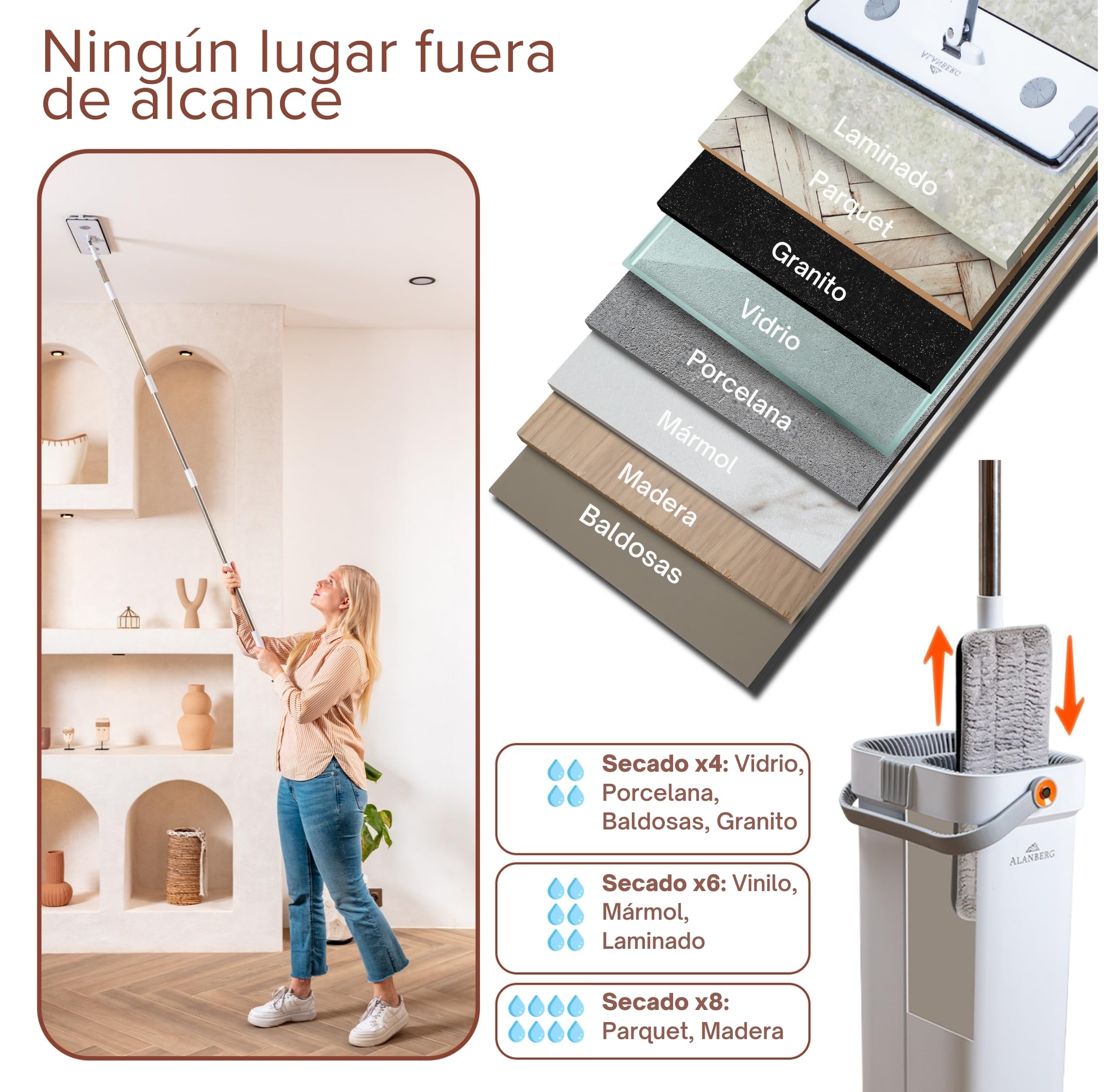Fregona y Cubo XL con Sistema de 2 Compartimentos, Mango Extensible 143-181 cm, Mopa Plana de 40 cm Autoescurrible con Recogedor de Pelos y 2 Almohadillas de Microfibra, Blanco - ALANBERG®