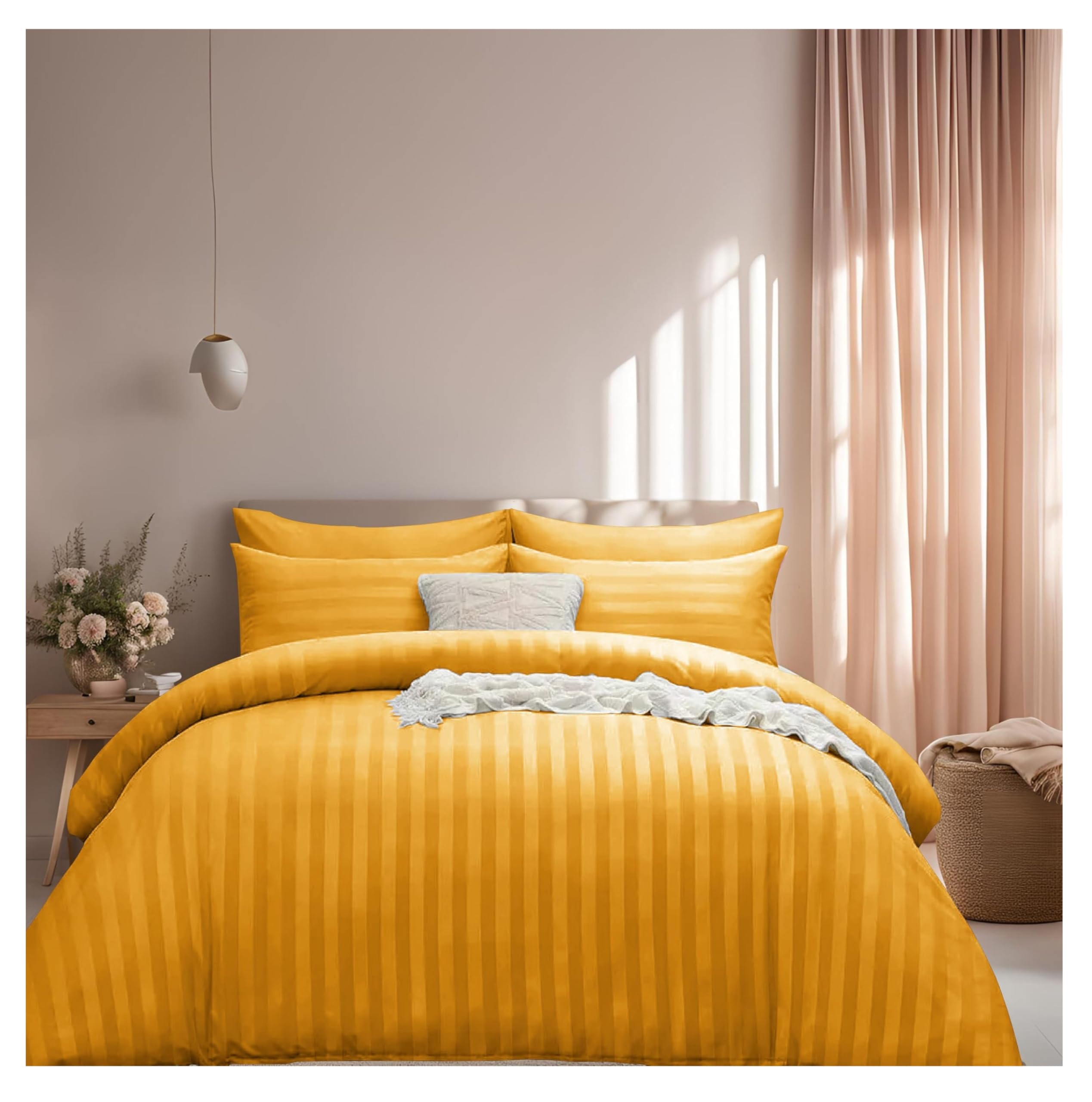 J.din Ochre Yellow Single Satin Stripe Duvet Cover Bedding Set & Pillowcase, Ochre