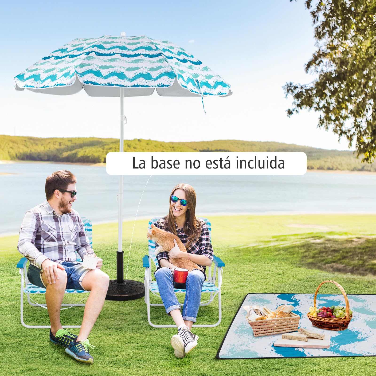 GOPLUS Conjunto de Playa de 4 Piezas, φ 190 Sombrilla con Inclinación Ajustable, 2 Sillas Plegable con Bolsa de Almacenamiento y 1 Manta, Bolsa de Transporte, Juego para Picnic, Camping (Azul)