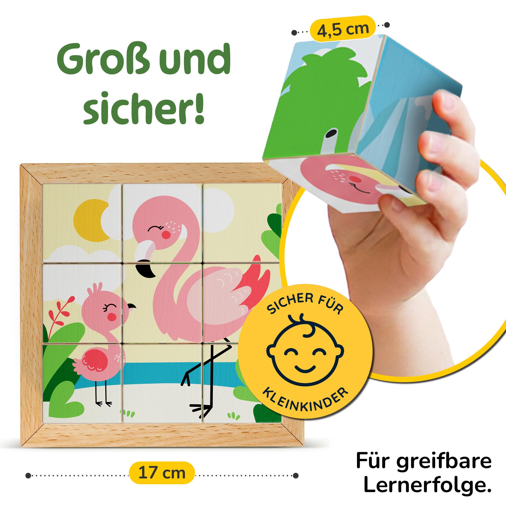 Merle Toys® 6-in-1 Würfelpuzzle ab 2 Jahre, 100% FSC-Buchenholz, Würfelpuzzle ab 3 Jahre, Bilderwürfel Holzpuzzle ab 2 Jahre, 4,5 cm große Würfel, Puzzle mit abgerundeten Ecken und Bildvorlagen, Löwe