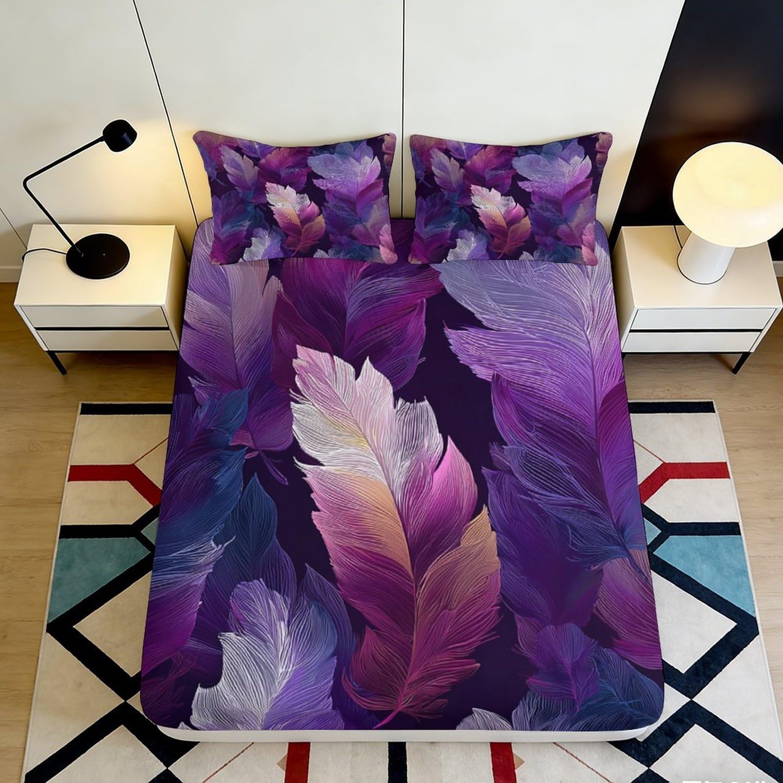 3D Printed Purple Feather Fitted Sheet Microfiber Soft Anti-Slip Bed Cover Colorful Leaf Mattress Decor for Bedroom Guest Room 90x200x25cm