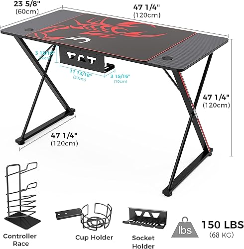 Miniatura 3 de EUREKA ERGONOMIC Escritorio para juegos de 47 pulgadas, mesa de juegos para PC, escritorio de computadora de juegos en forma de X con alfombrilla